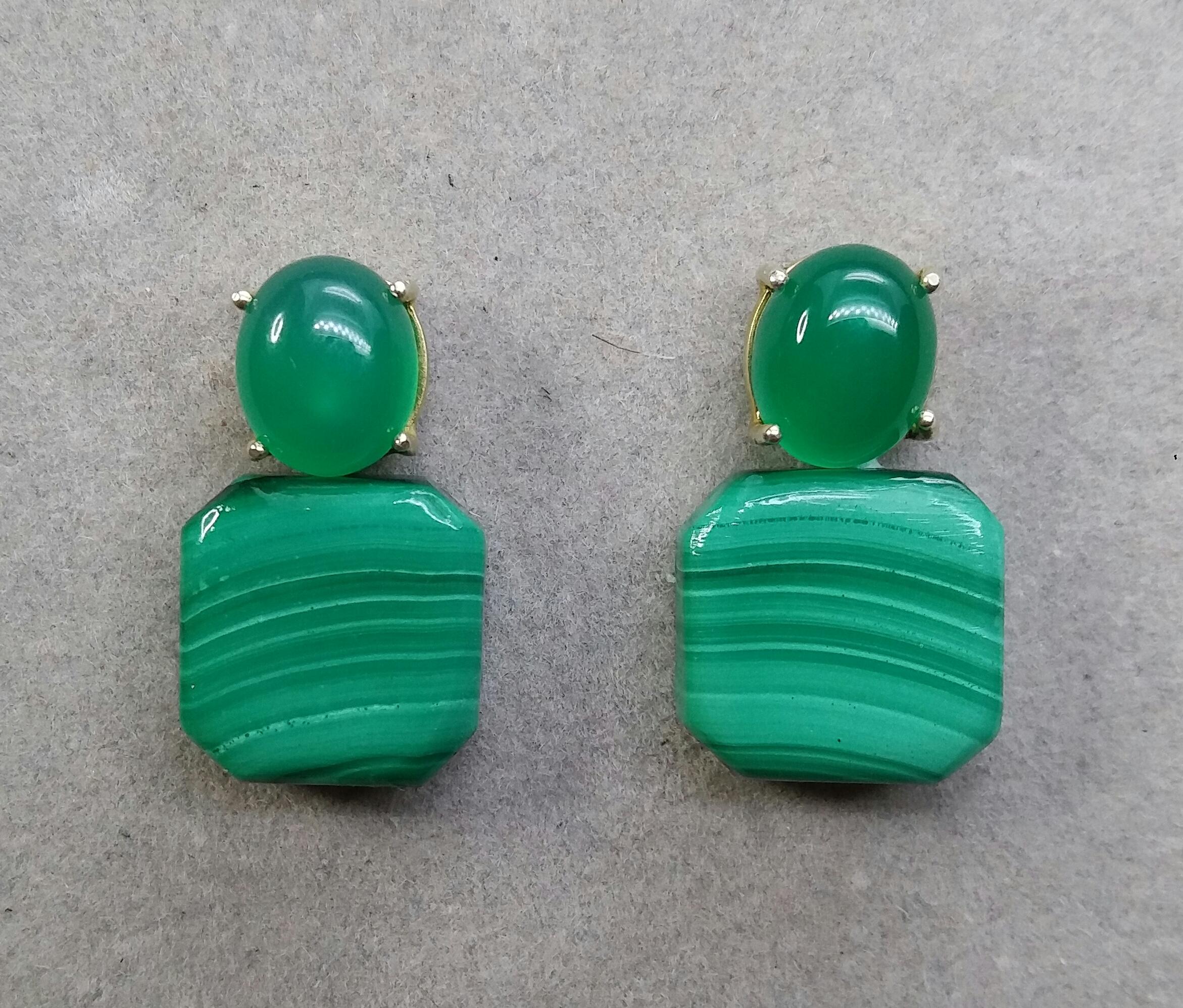 In these simple and chic earrings we have 2 Octagon Shape  Malachites measuring 16 x 16 mm.,suspended from 2 nice Natural Green Onyx  oval cabochons size 10 x 11 mm  set in 14 kt yellow gold.

In 1978 our workshop started in Italy to make