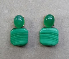 Natural Green Onyx Cabs Octagon Shape Malachite 14 Karat Gold Stud Earrings