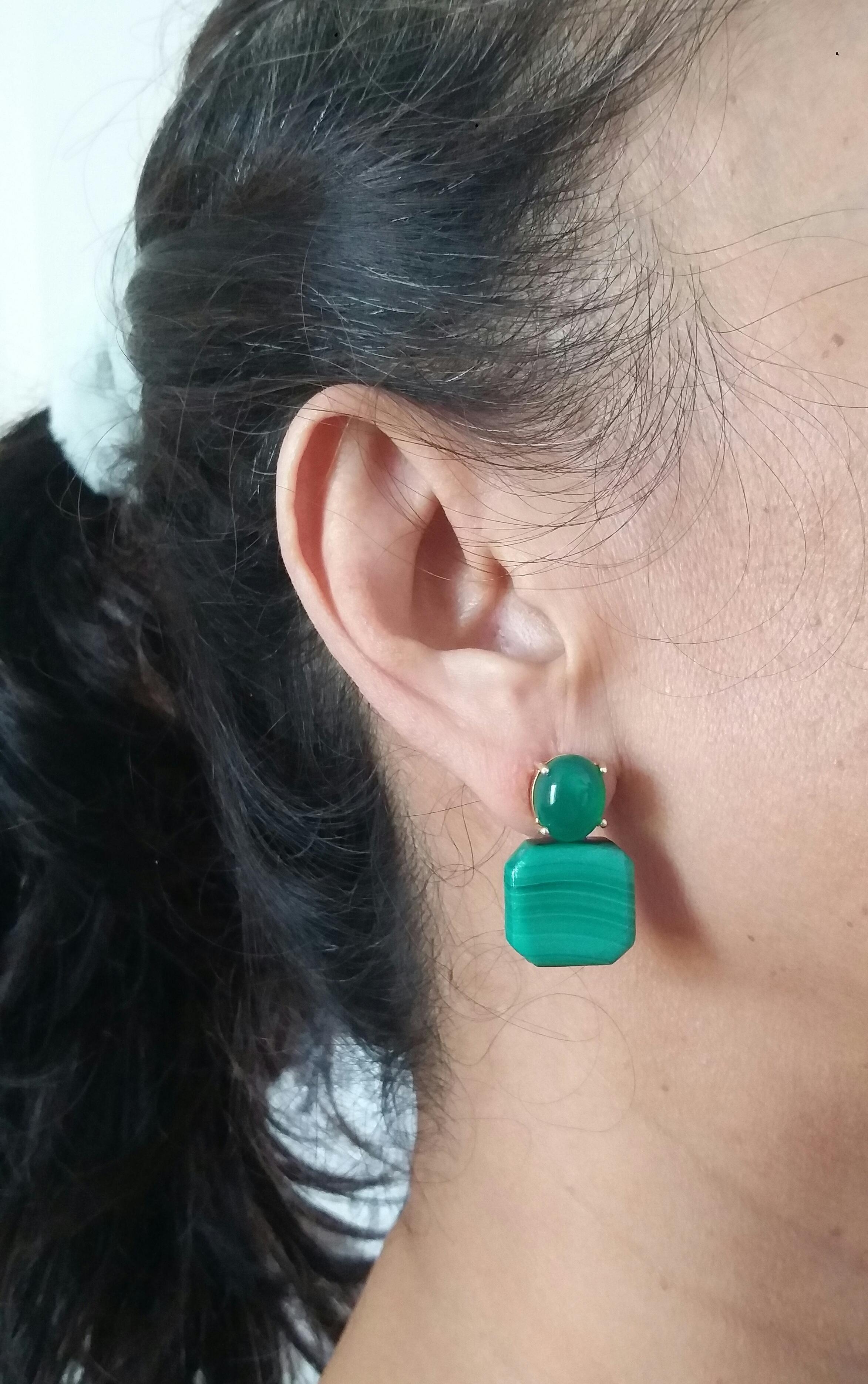 Art Deco Natural Green Onyx Cabs Octagon Shape Malachite 14 Karat Gold Stud Earrings For Sale