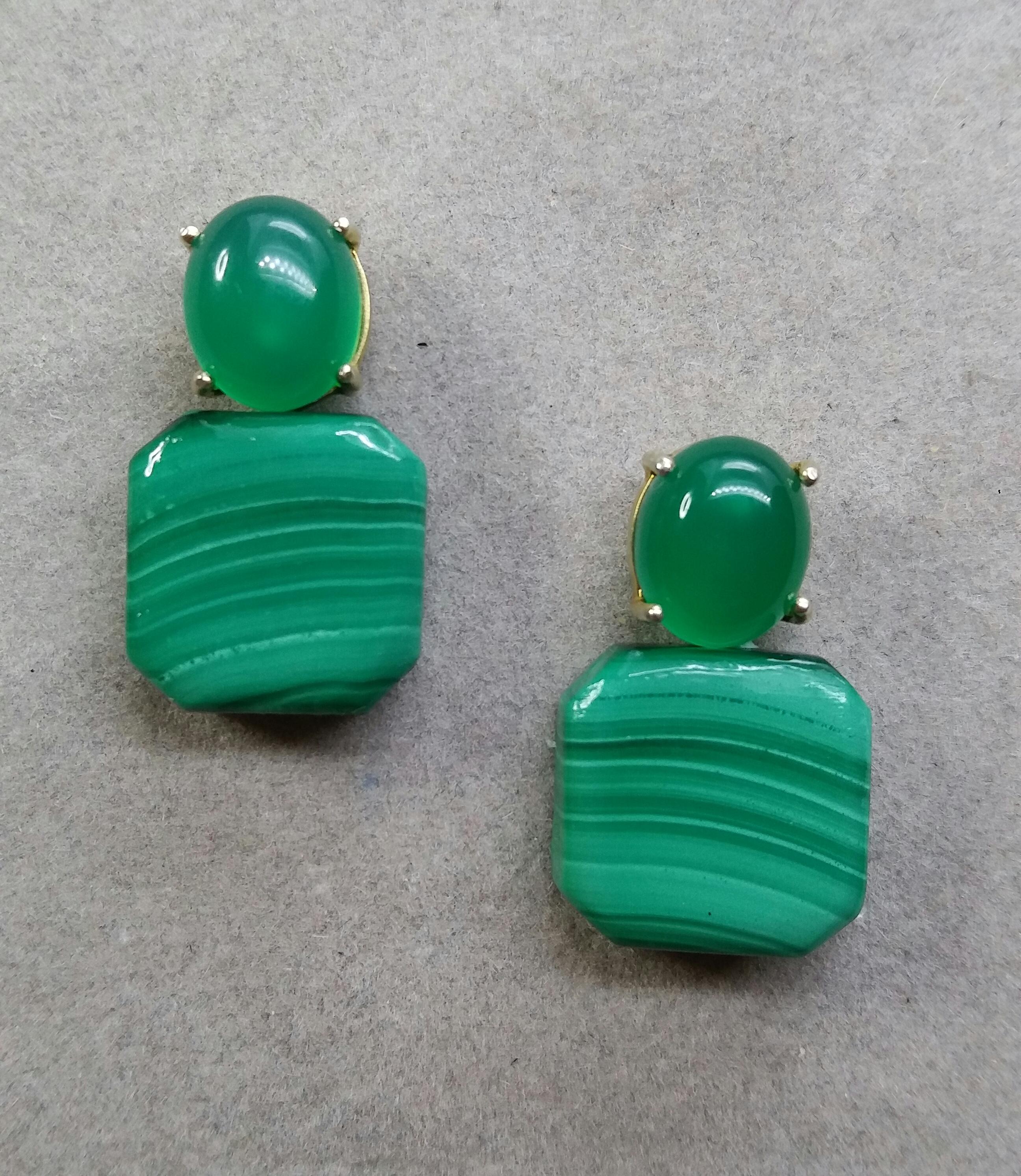 Octagon Cut Natural Green Onyx Cabs Octagon Shape Malachite 14 Karat Gold Stud Earrings For Sale