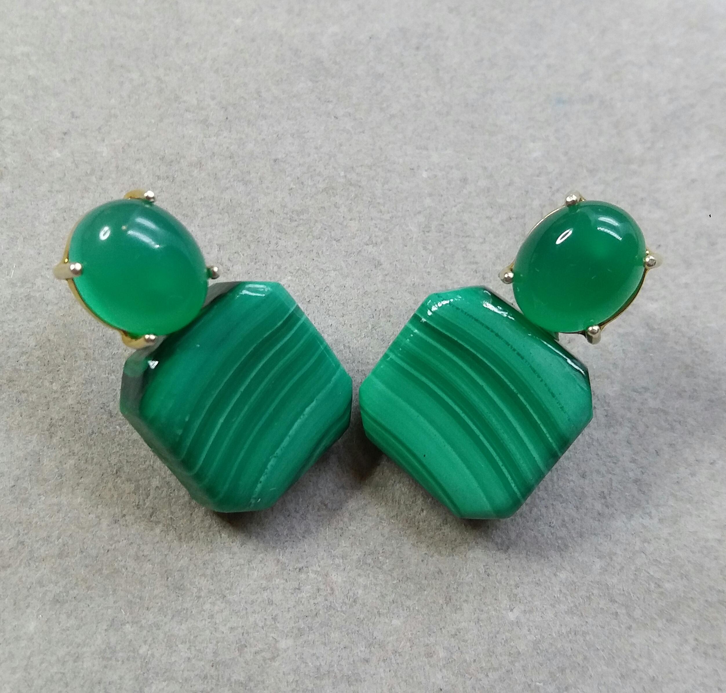 Women's Natural Green Onyx Cabs Octagon Shape Malachite 14 Karat Gold Stud Earrings For Sale