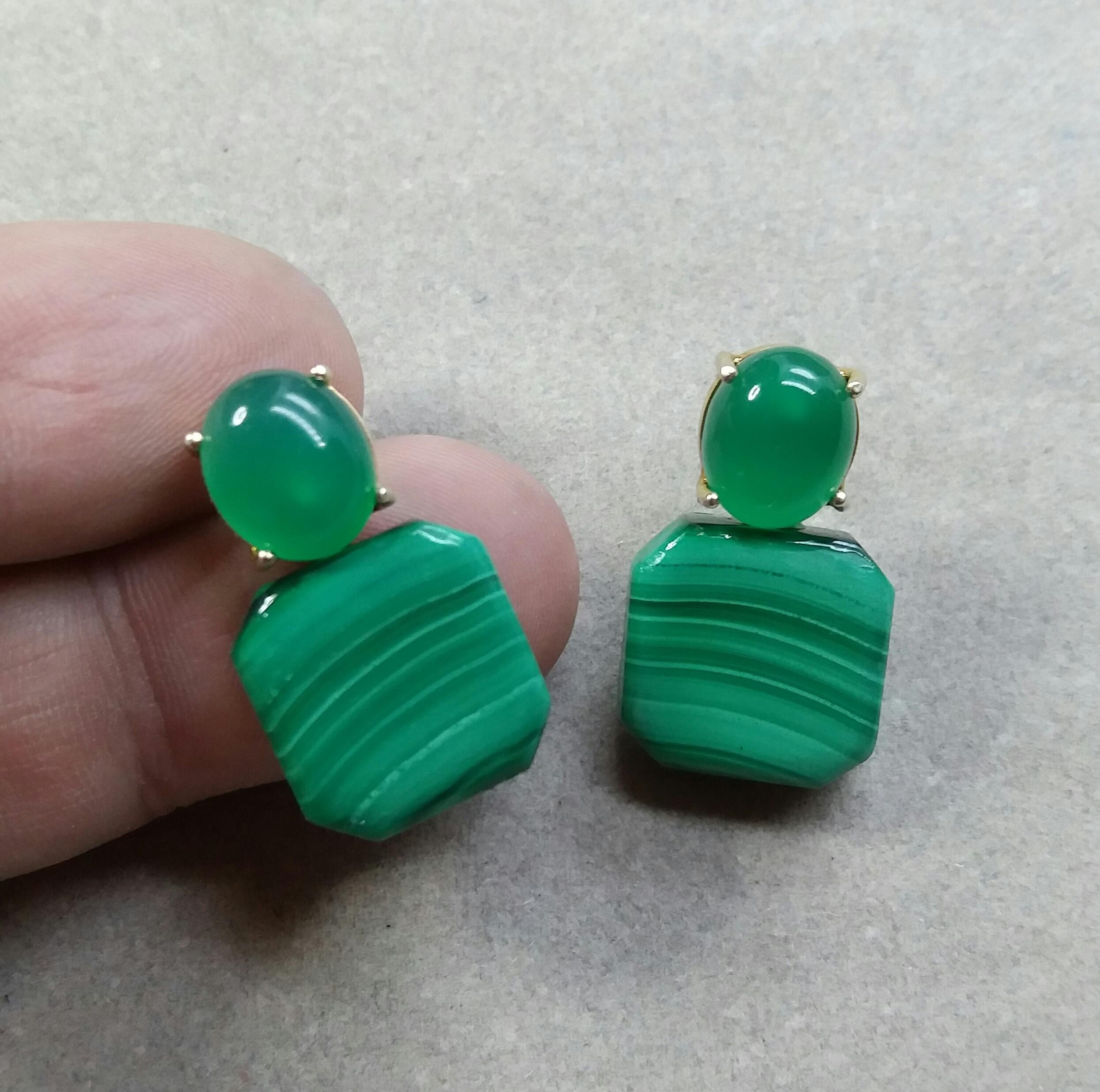Natural Green Onyx Cabs Octagon Shape Malachite 14 Karat Gold Stud Earrings For Sale 1
