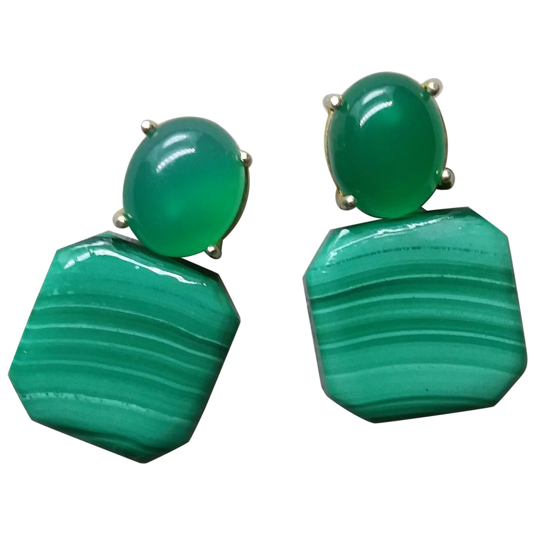 Natural Green Onyx Cabs Octagon Shape Malachite 14 Karat Gold Stud Earrings For Sale