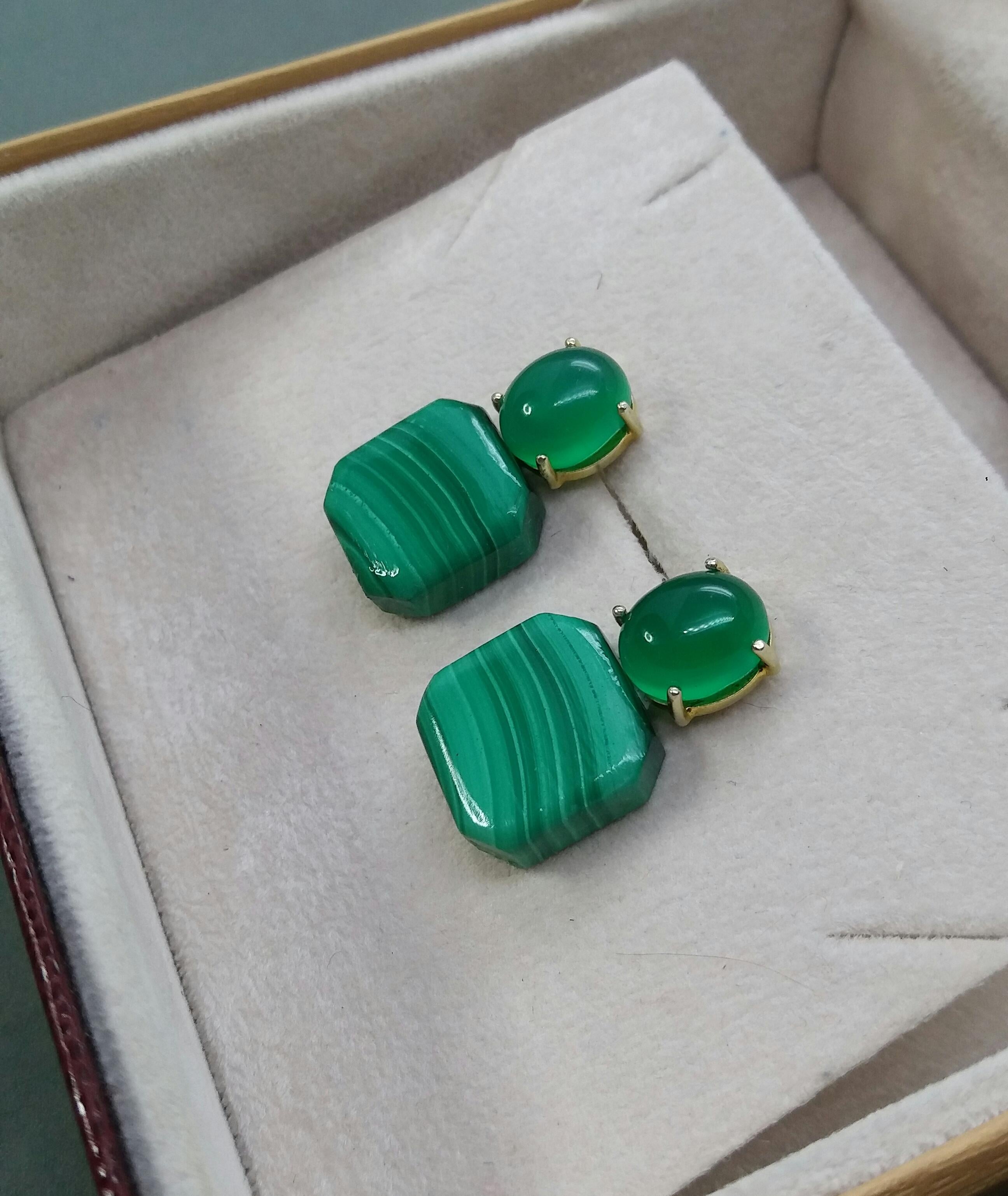 Natural Green Onyx Cabs Octagon Shape Malachite 14 Karat Gold Stud Earrings 1