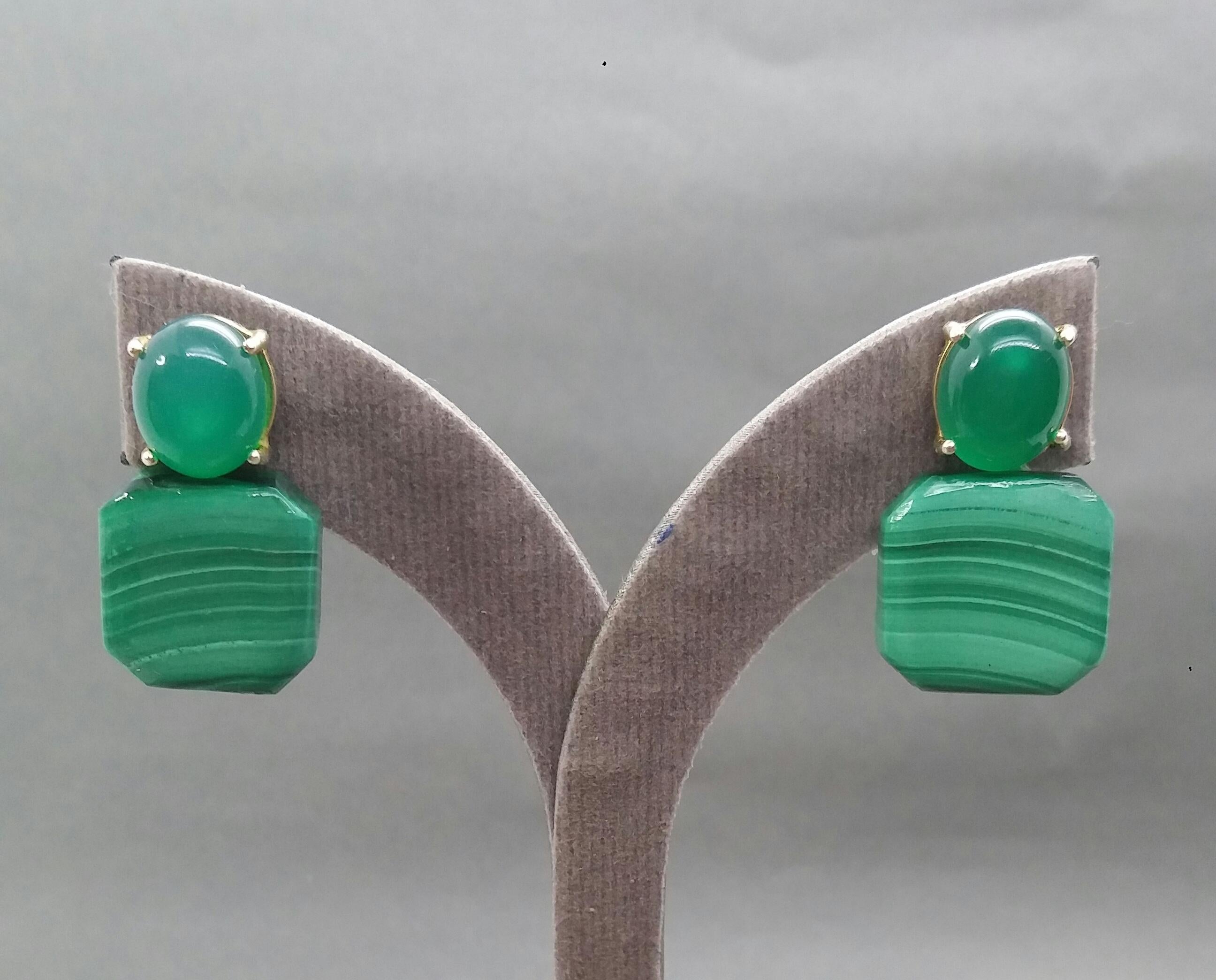 Natural Green Onyx Cabs Octagon Shape Malachite 14 Karat Gold Stud Earrings 2