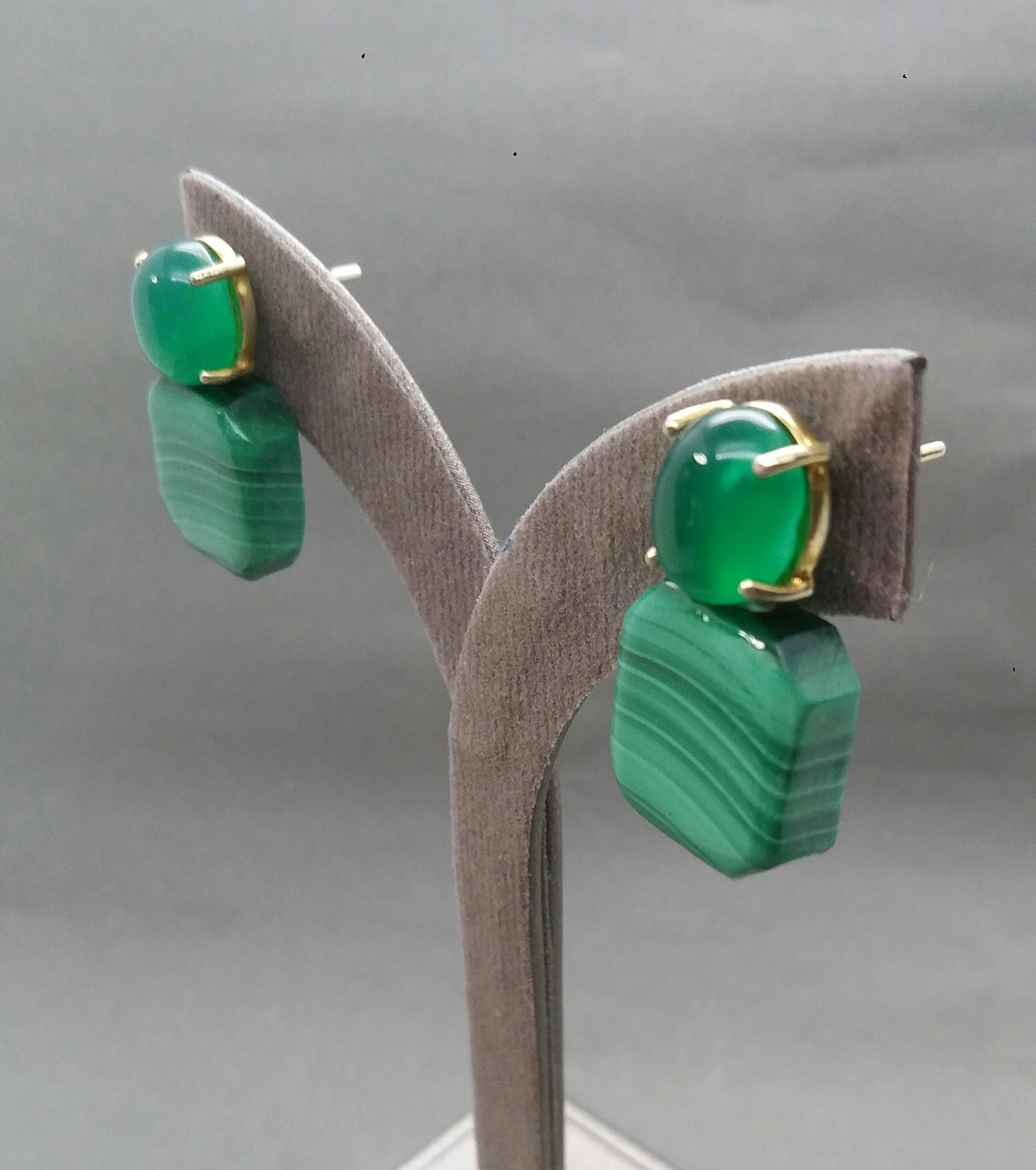 Natural Green Onyx Cabs Octagon Shape Malachite 14 Karat Gold Stud Earrings 3