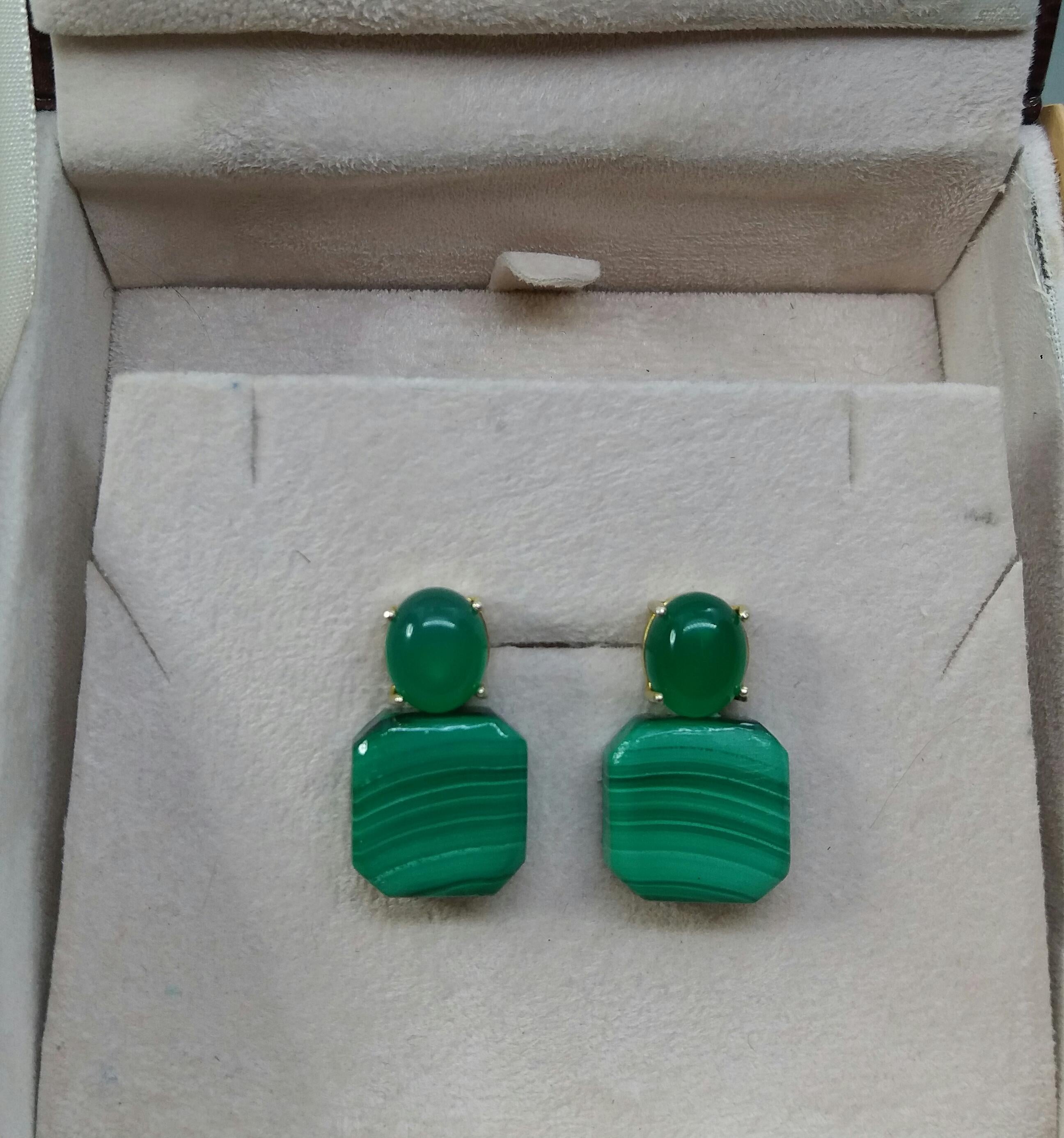 Women's Natural Green Onyx Cabs Octagon Shape Malachite 14 Karat Gold Stud Earrings