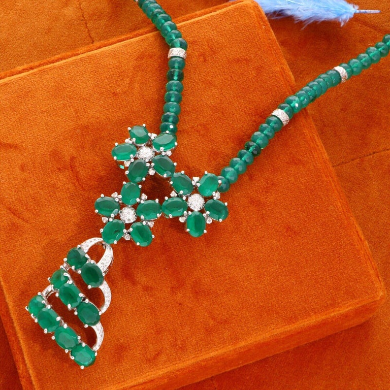 Natural Green Onyx Gemstone and Pave Diamond Handmade Gold Silver