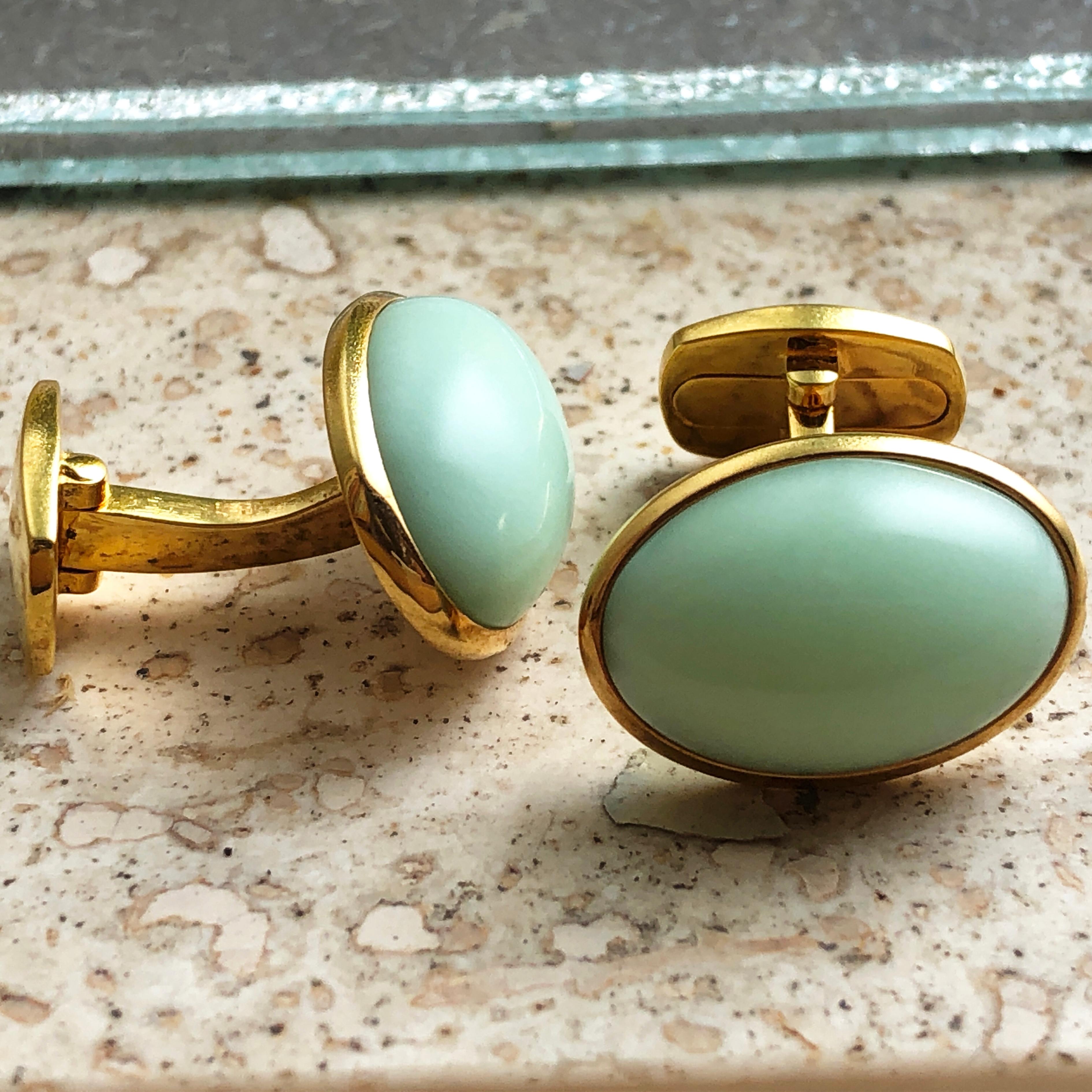 Berca Natural Green Opal Cabochon Sterling Silver Gold-Plated Cufflinks 3