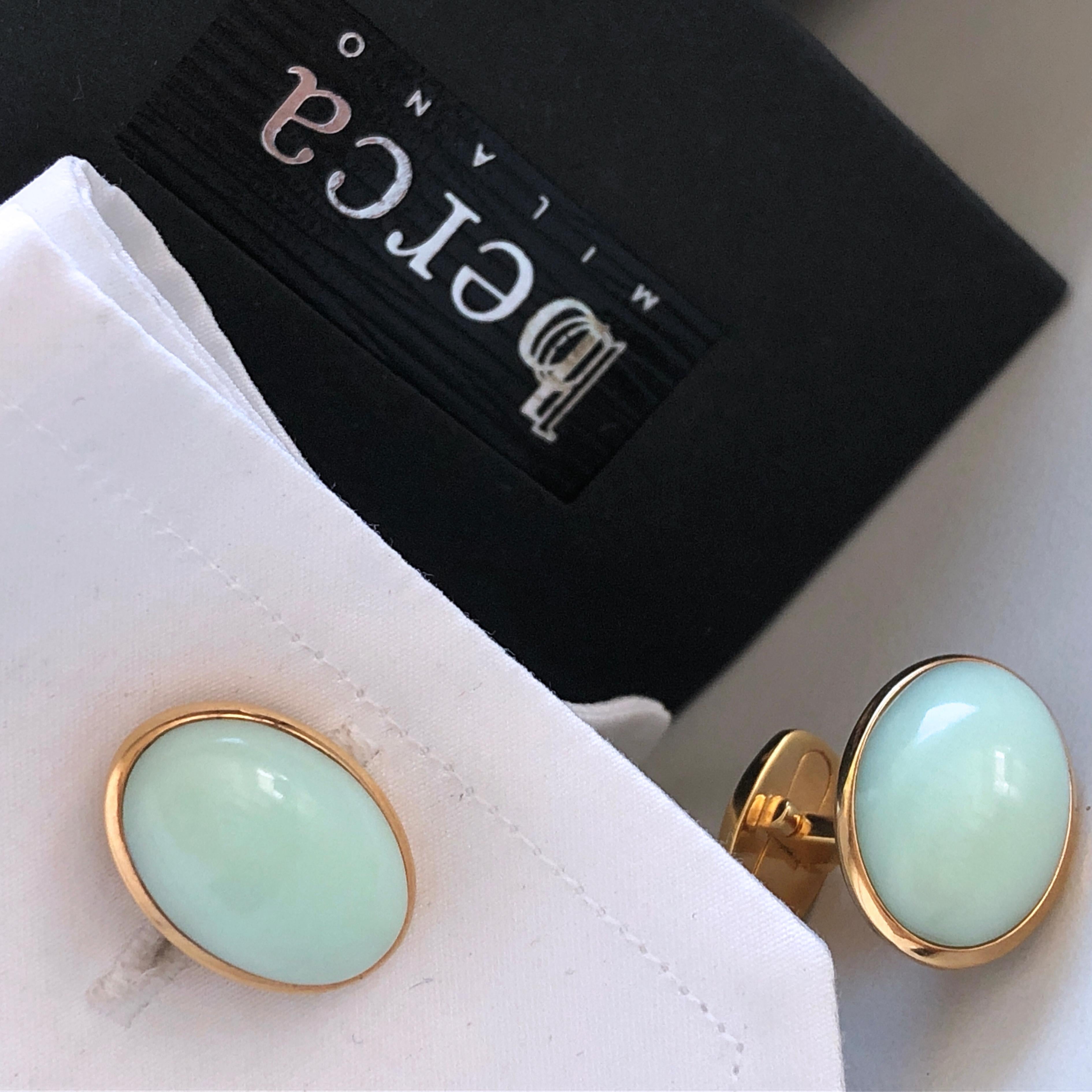 Berca Natural Green Opal Cabochon Sterling Silver Gold-Plated Cufflinks 5