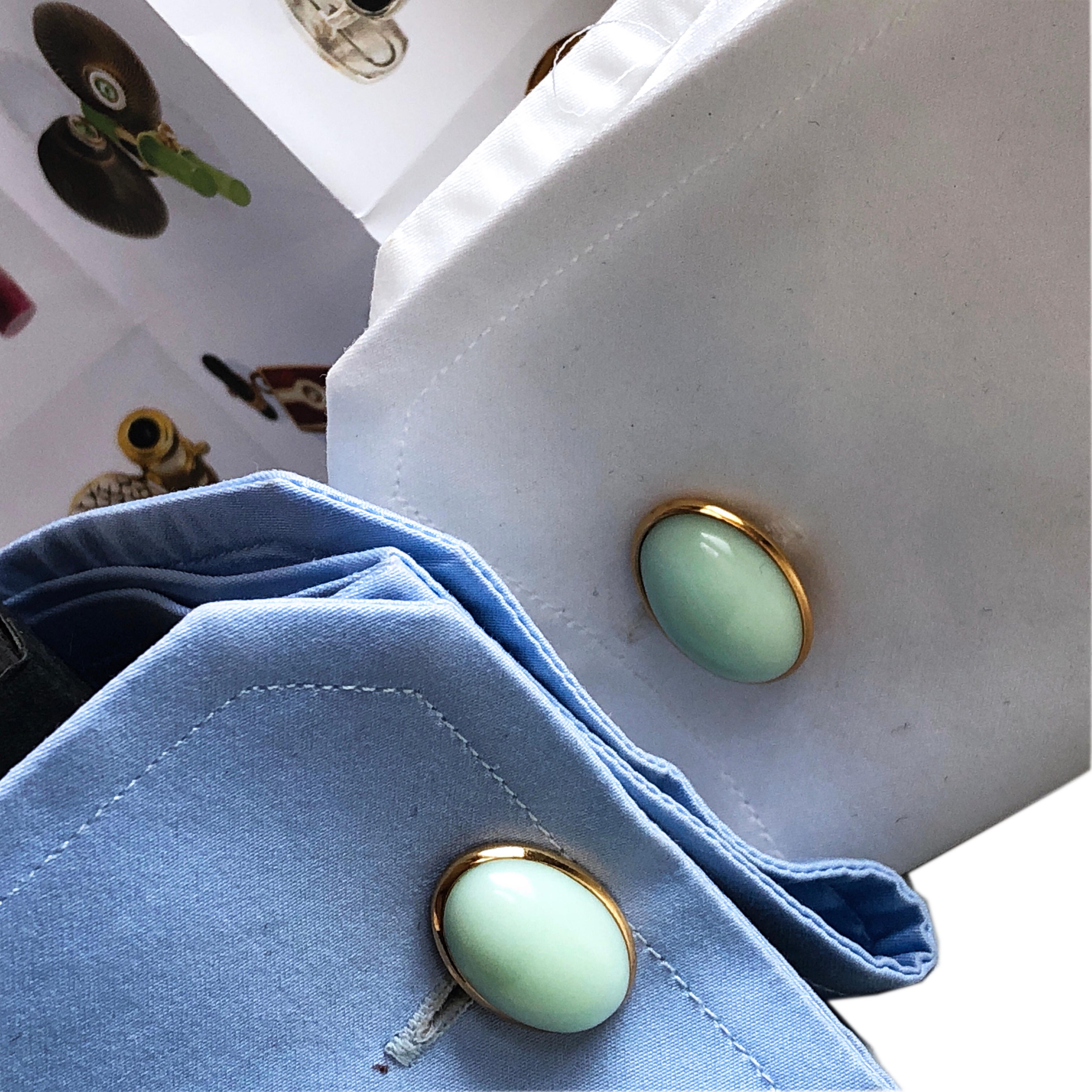 Contemporary Berca Natural Green Opal Cabochon Sterling Silver Gold-Plated Cufflinks