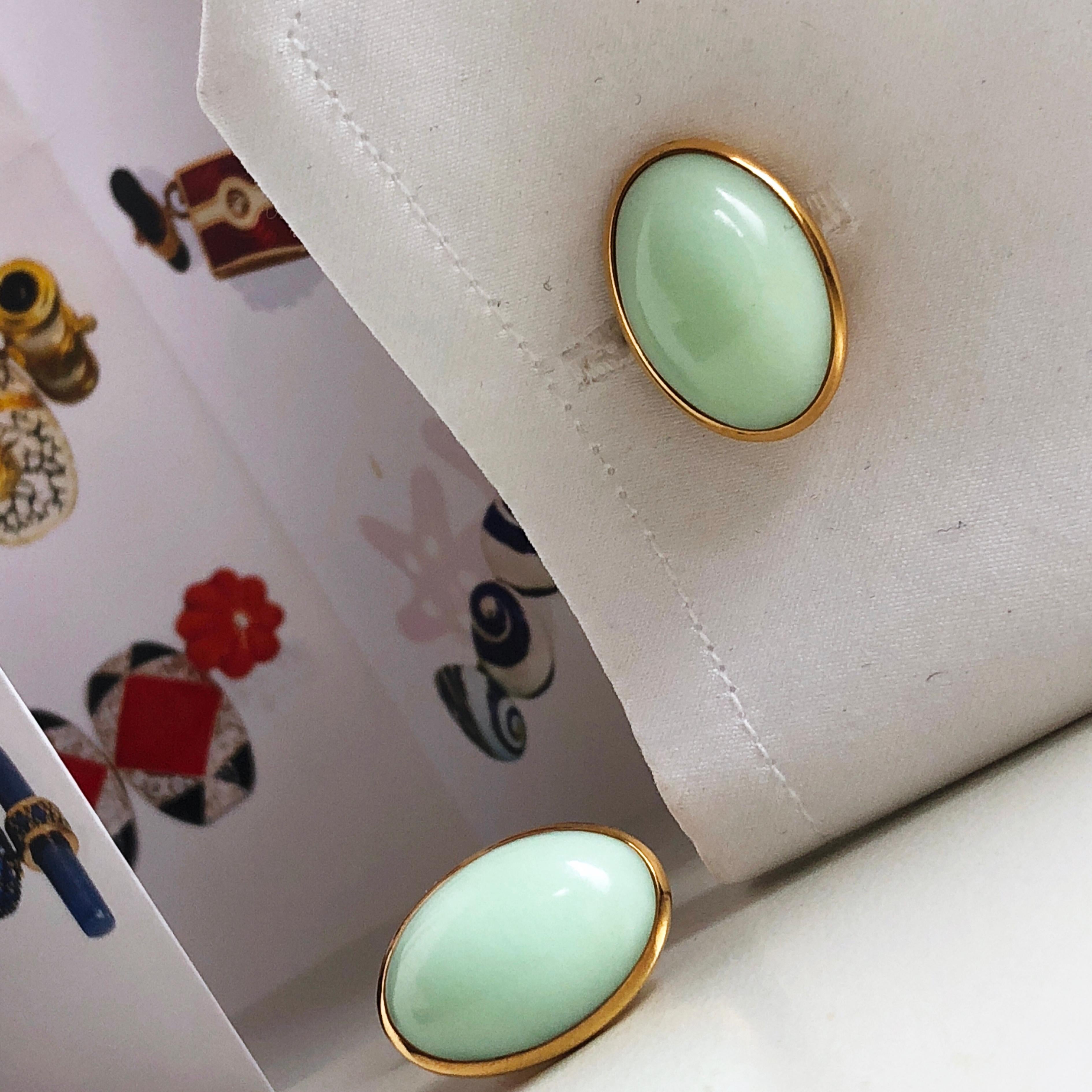 Oval Cut Berca Natural Green Opal Cabochon Sterling Silver Gold-Plated Cufflinks