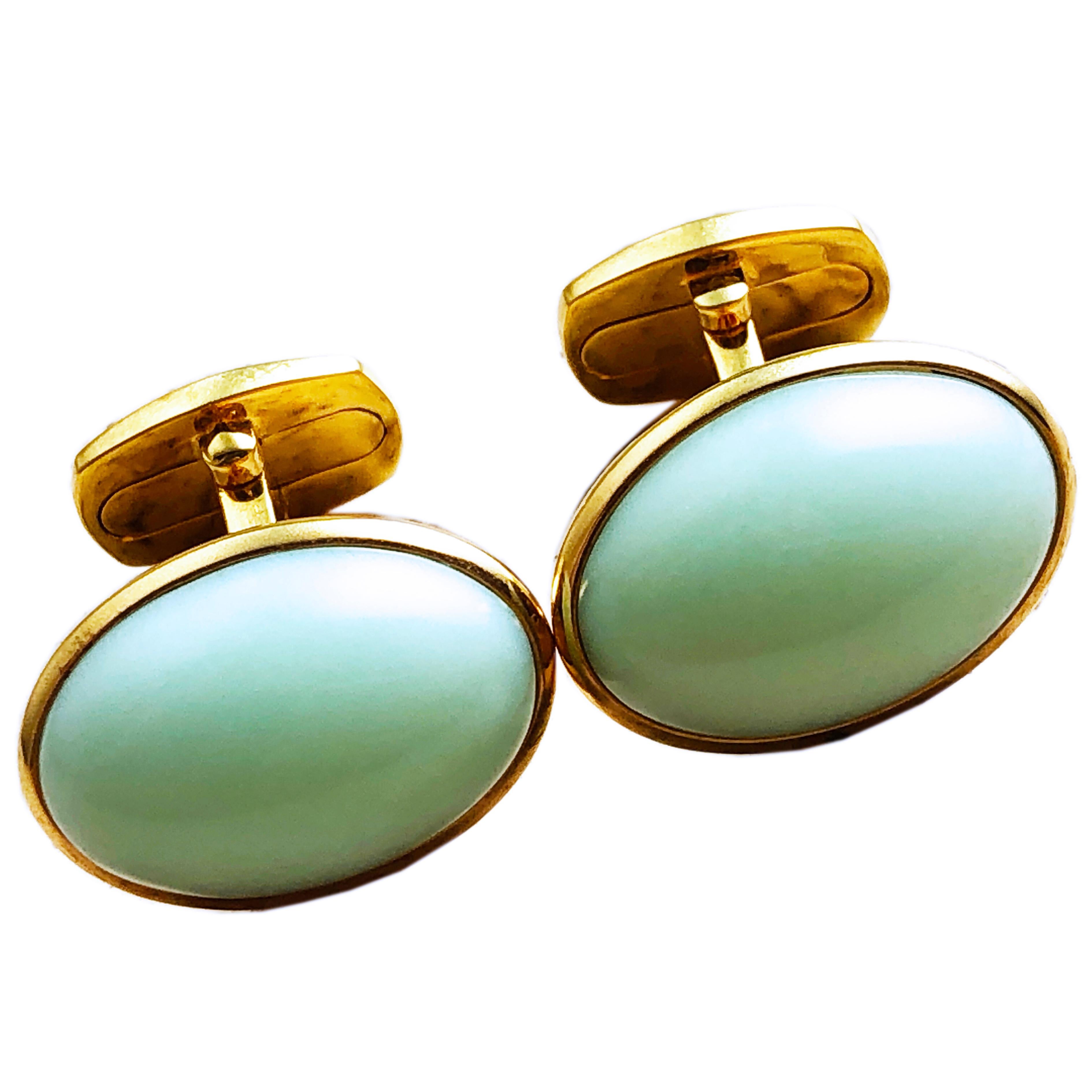 Berca Natural Green Opal Cabochon Sterling Silver Gold-Plated Cufflinks In New Condition In Valenza, IT