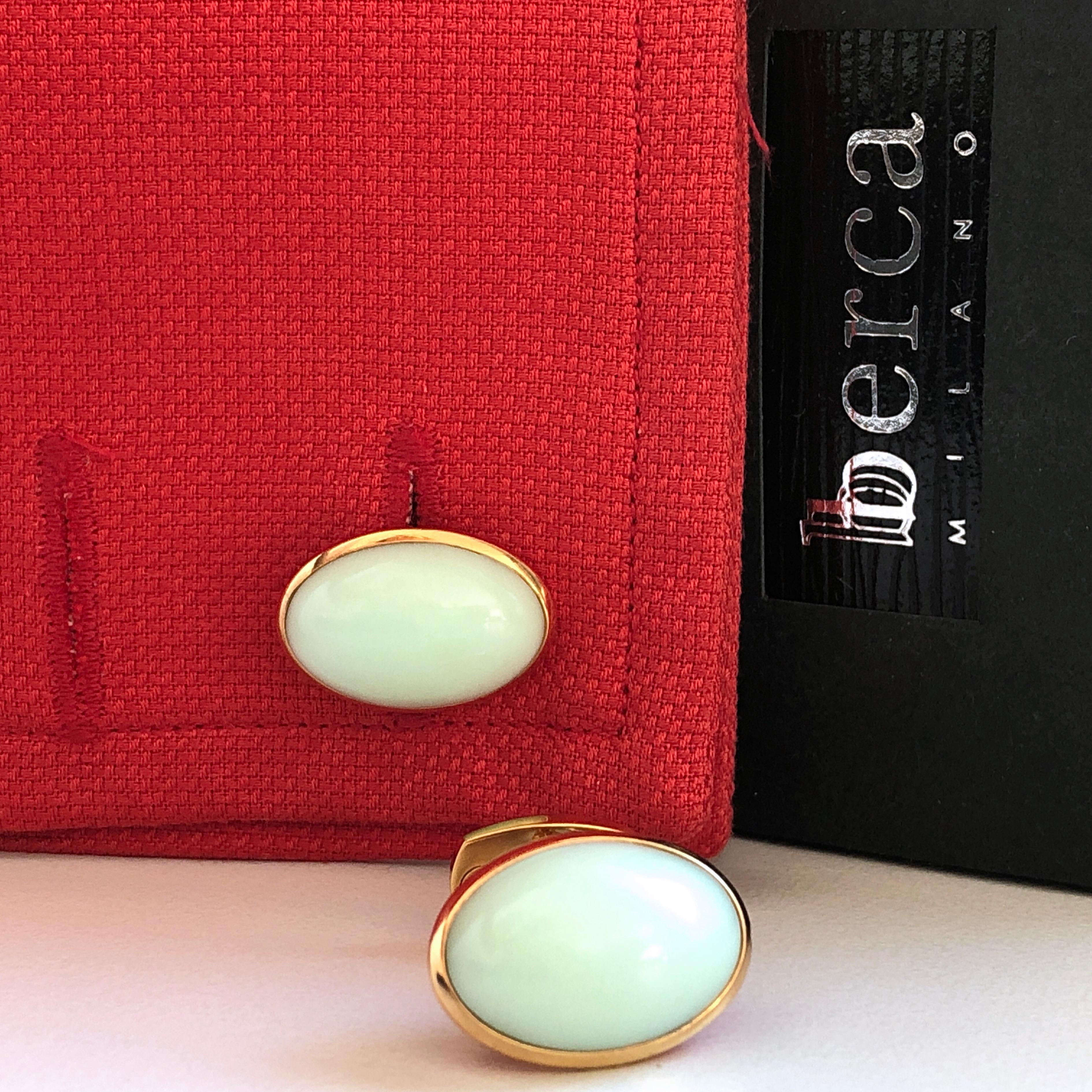 Berca Natural Green Opal Cabochon Sterling Silver Gold-Plated Cufflinks 1
