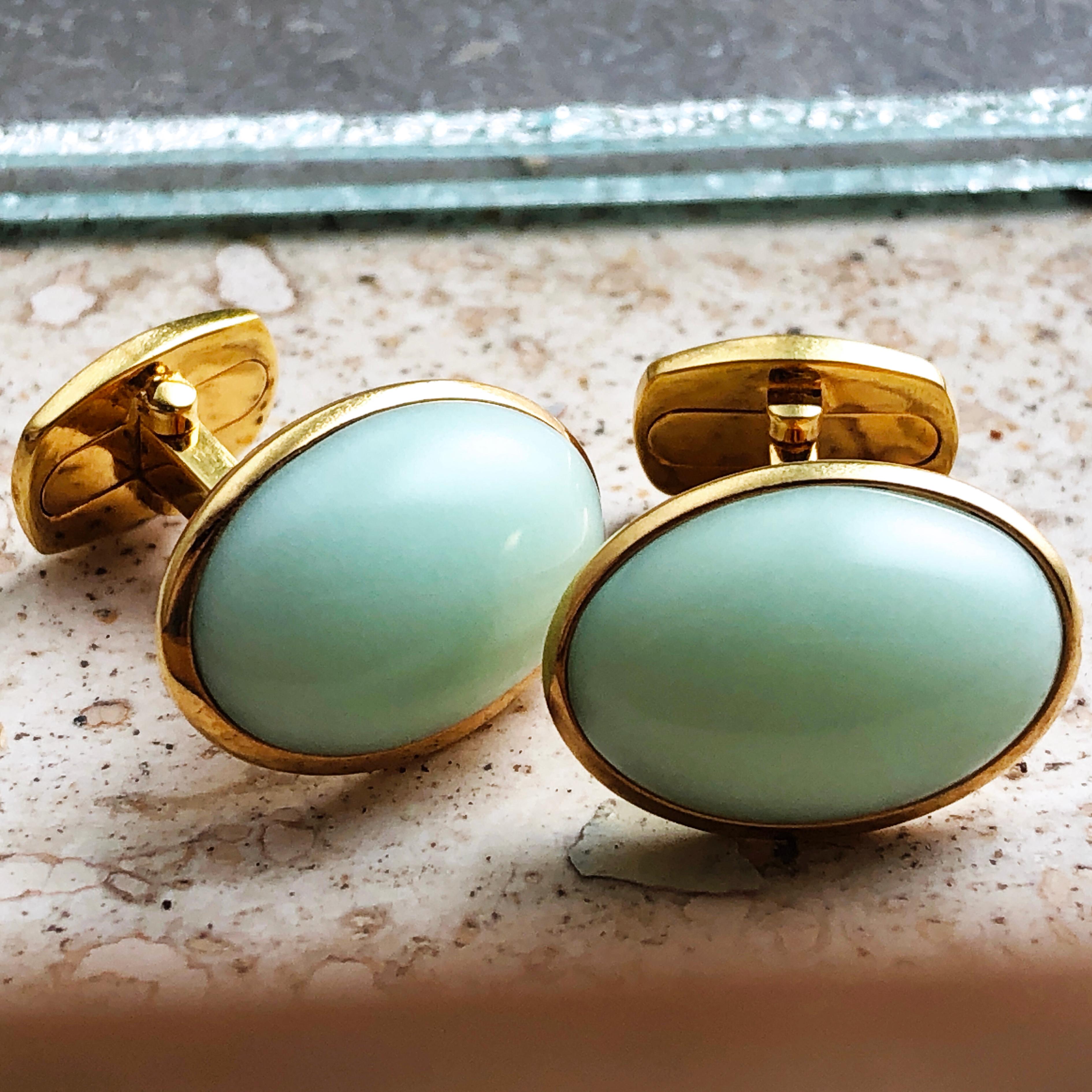 Berca Natural Green Opal Cabochon Sterling Silver Gold-Plated Cufflinks 2