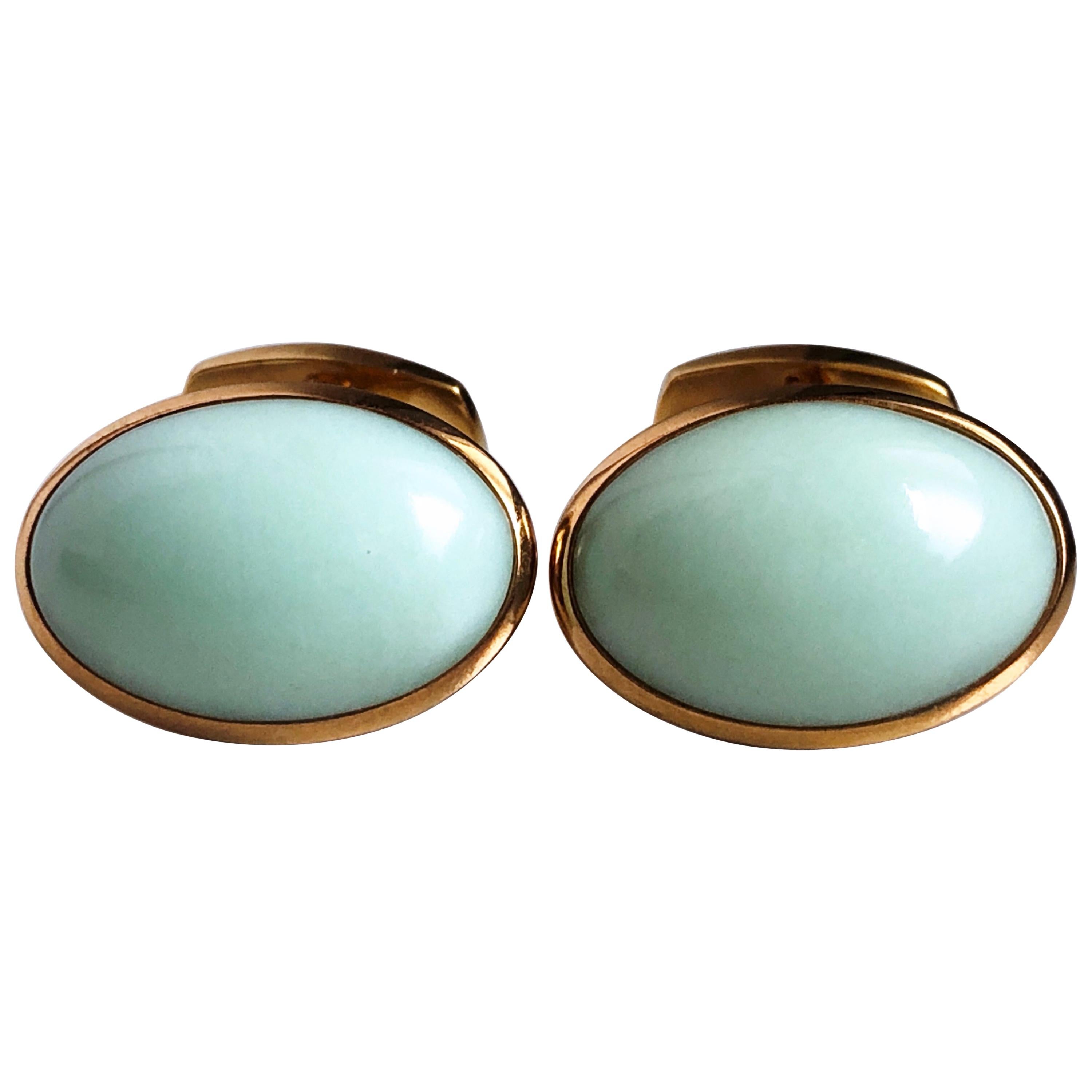 Berca Natural Green Opal Cabochon Sterling Silver Gold-Plated Cufflinks