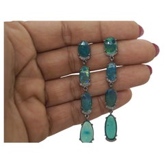 Natural Green Opal Diamonds sterling silver long Drop earrings