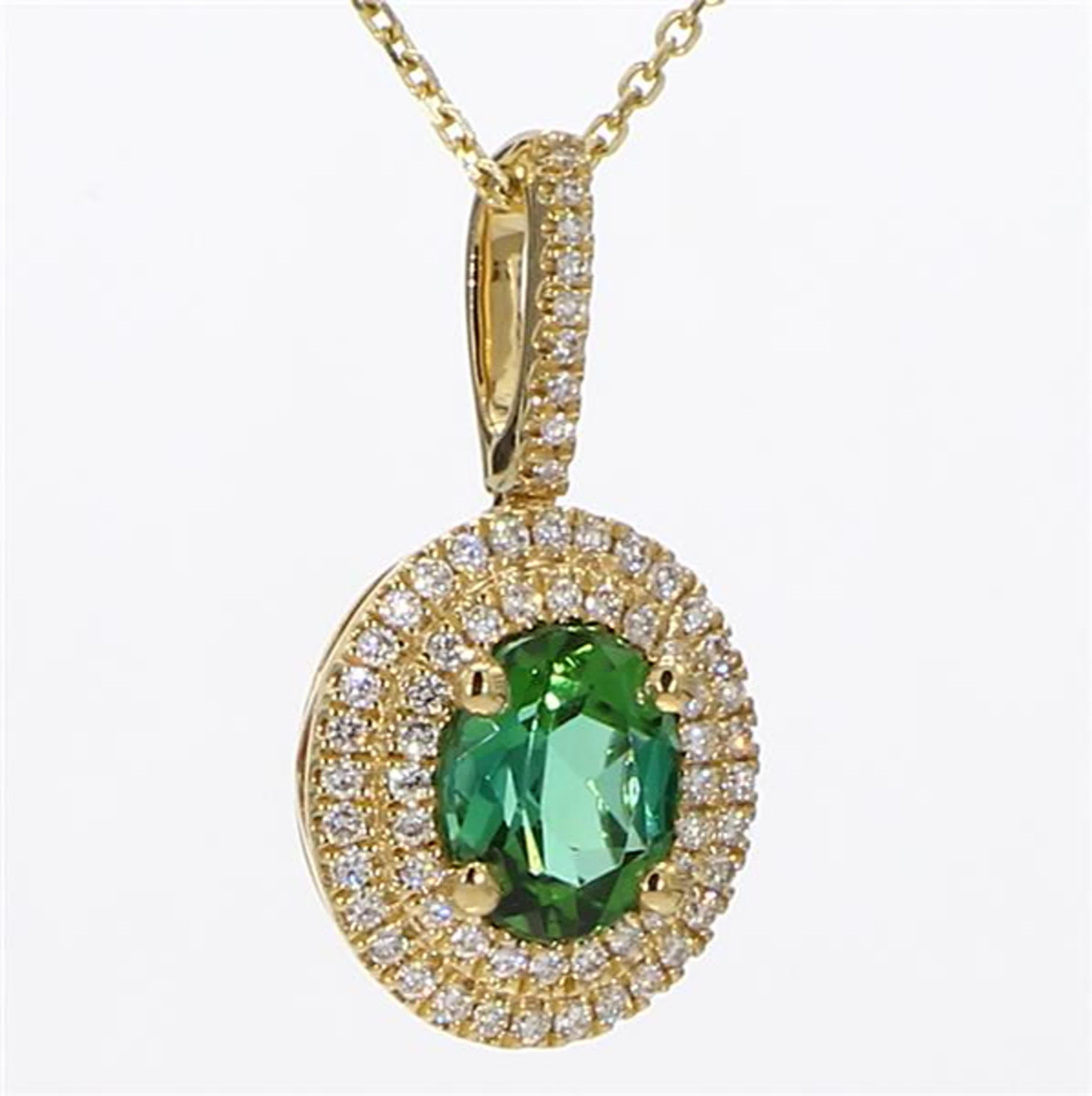 Natural Green Oval Tourmaline and White Diamond 1.00 Carat TW Gold Pendant For Sale 1