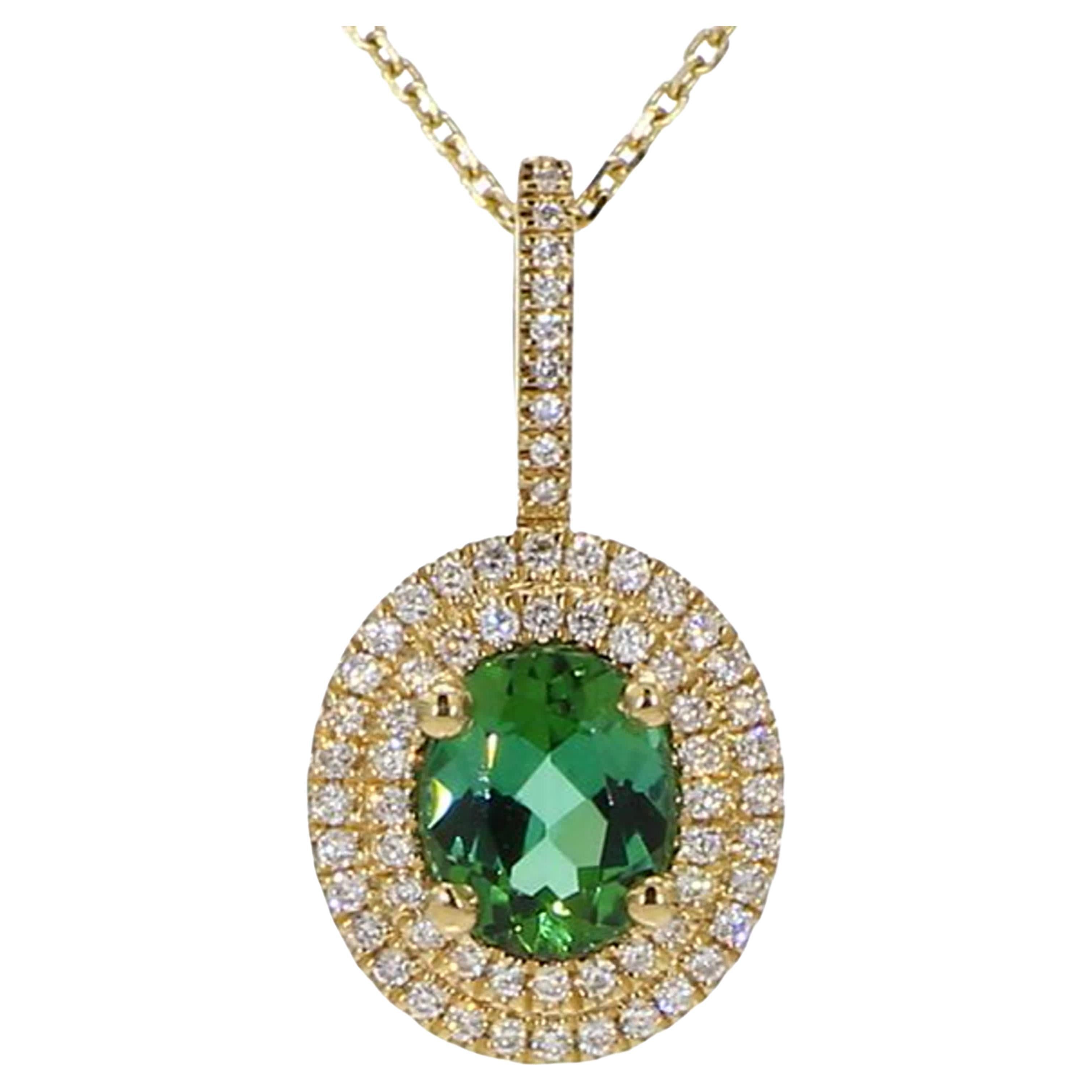 Natural Green Oval Tourmaline and White Diamond 1.00 Carat TW Gold Pendant For Sale