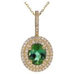 Natural Green Oval Tourmaline and White Diamond 1.00 Carat TW Gold Pendant