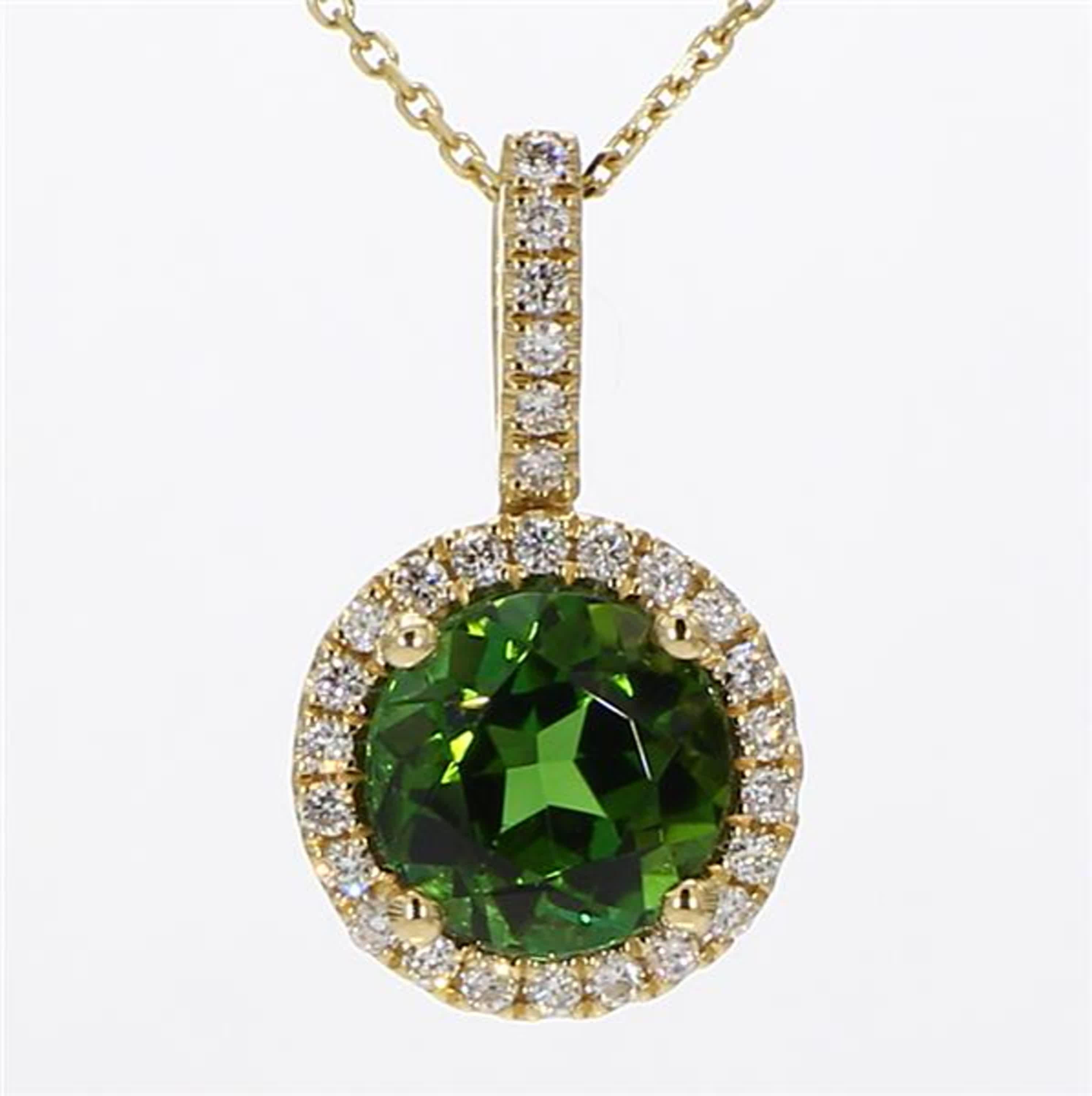 RareGemWorld's intriguing tourmaline pendant. Mounted in a beautiful 14K Yellow Gold setting with natural round cut green tourmaline. The tourmaline is surrounded by natural round white diamond melee. This pendant is guaranteed to impress and