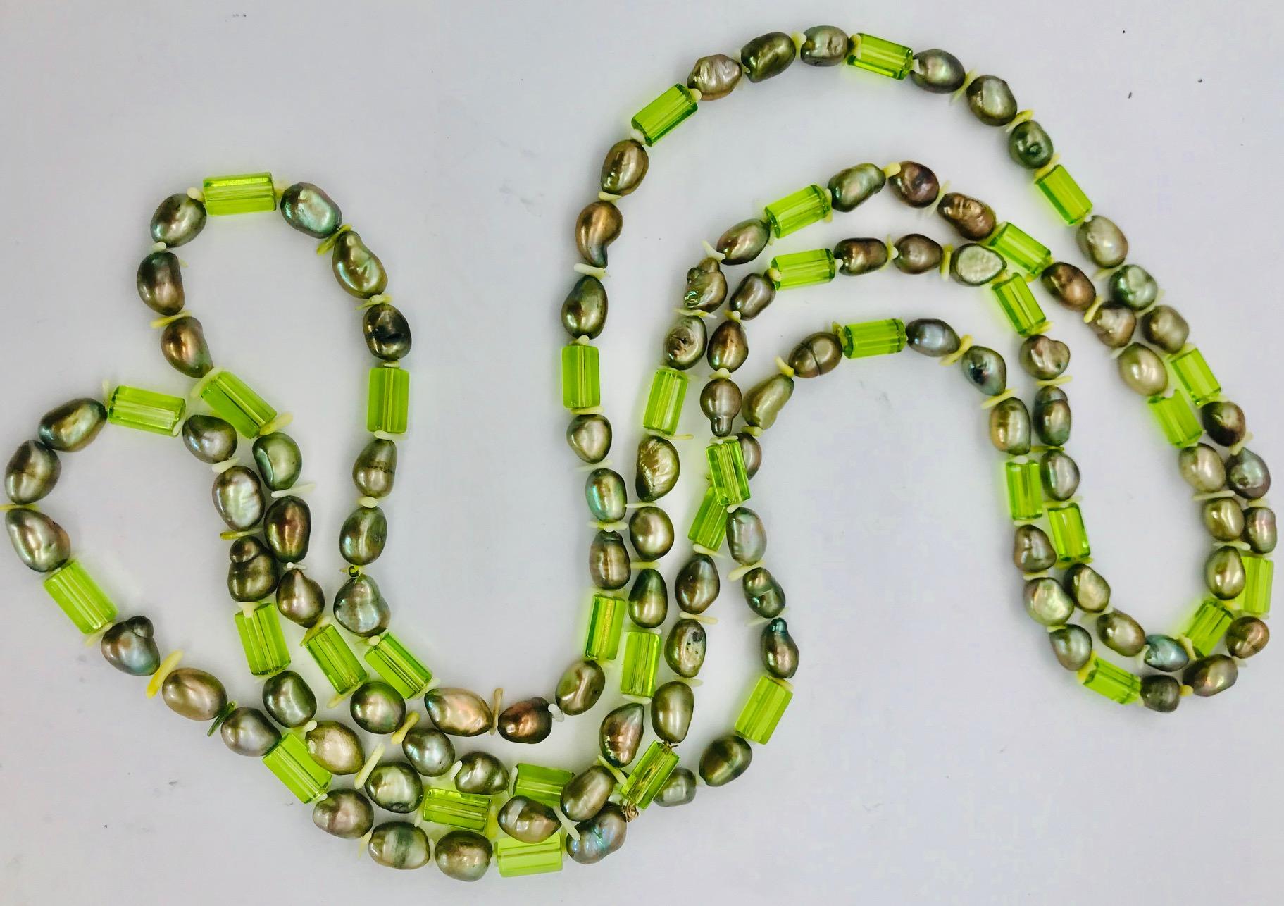 Bead Natural green Pearls and  Peridot Stones with Silver clasp, by Sylvia Gottwald For Sale