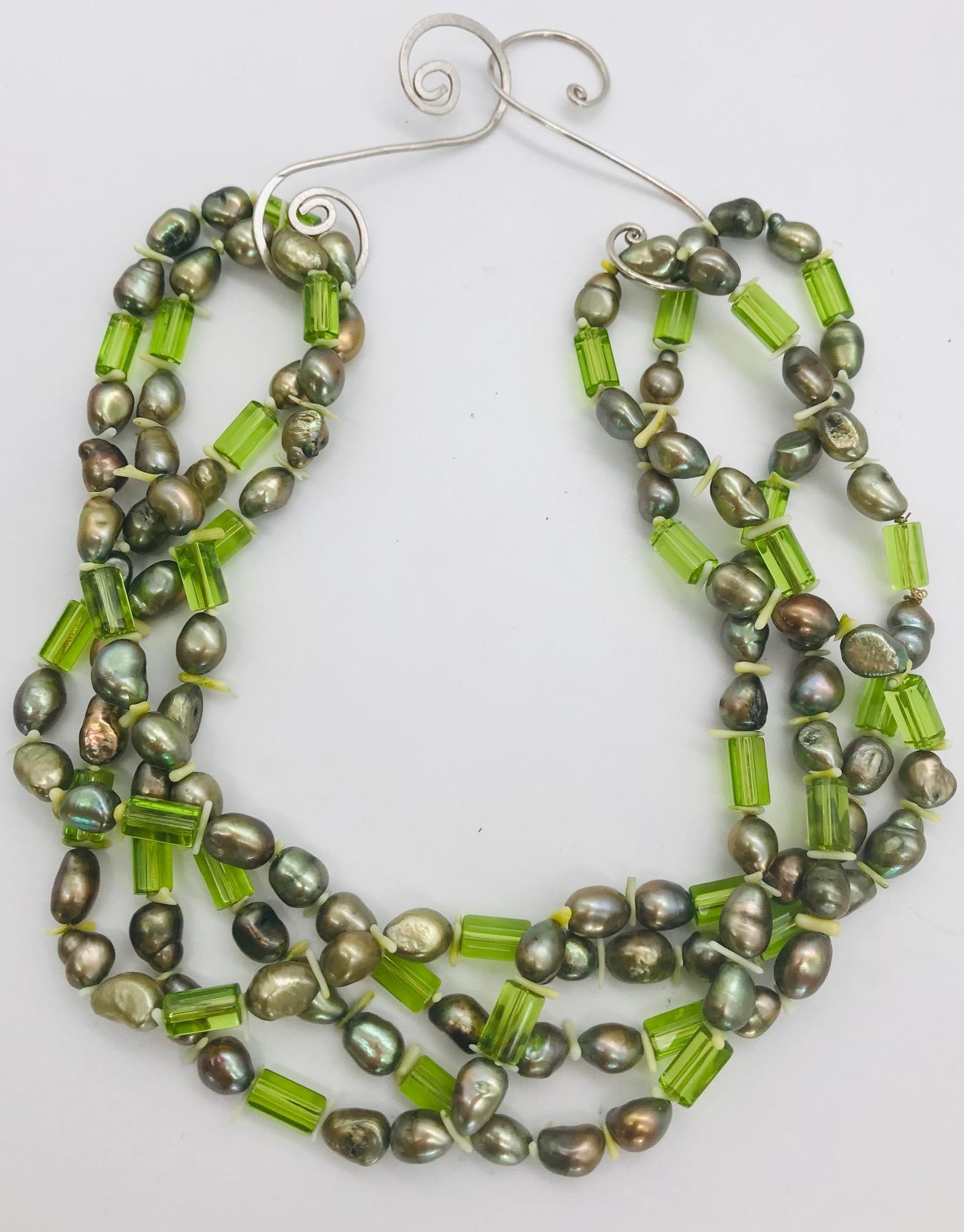 Women's Natural green Pearls and  Peridot Stones with Silver clasp, by Sylvia Gottwald For Sale