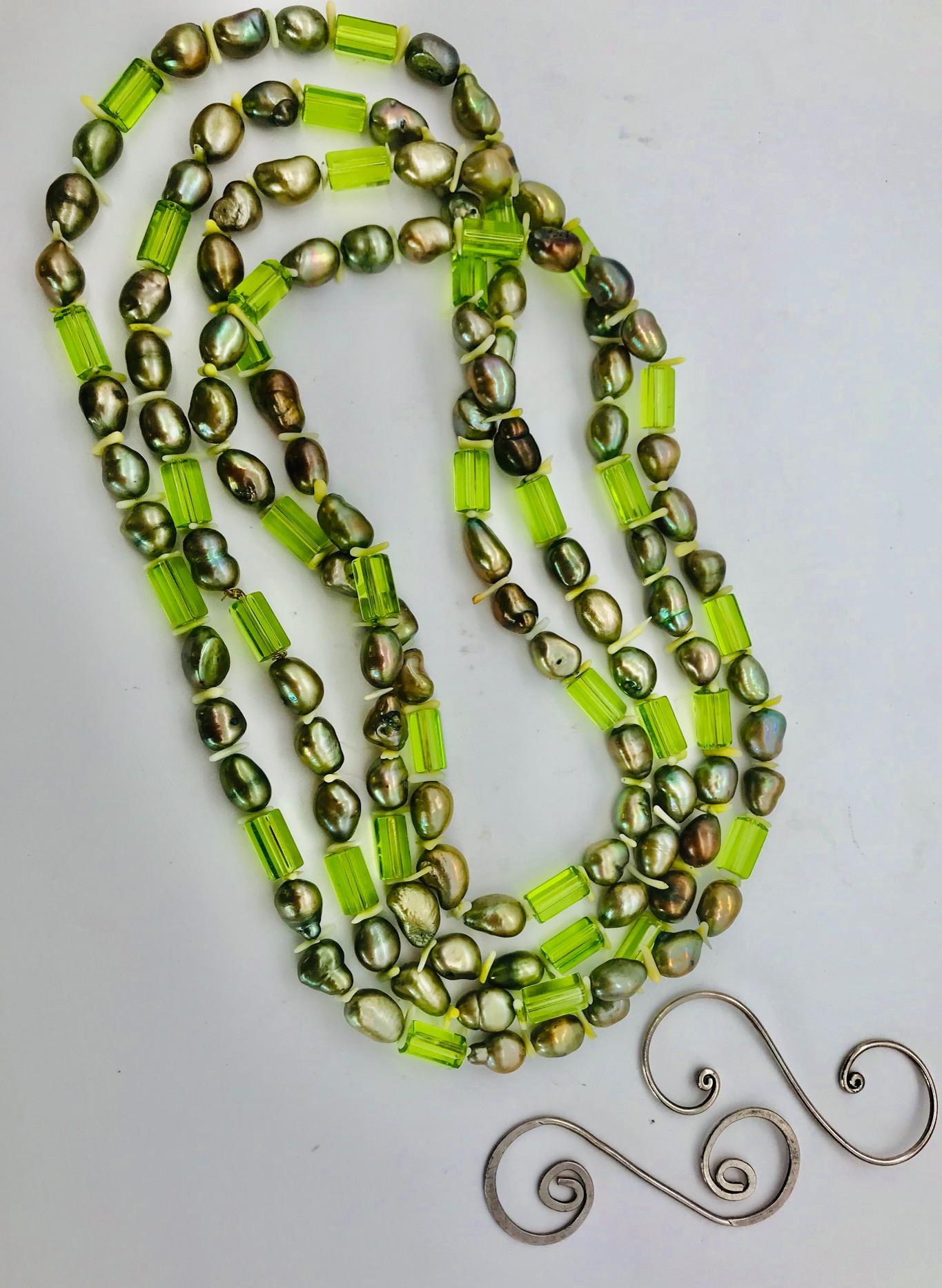 Natural green Pearls and  Peridot Stones with Silver clasp, by Sylvia Gottwald For Sale 1