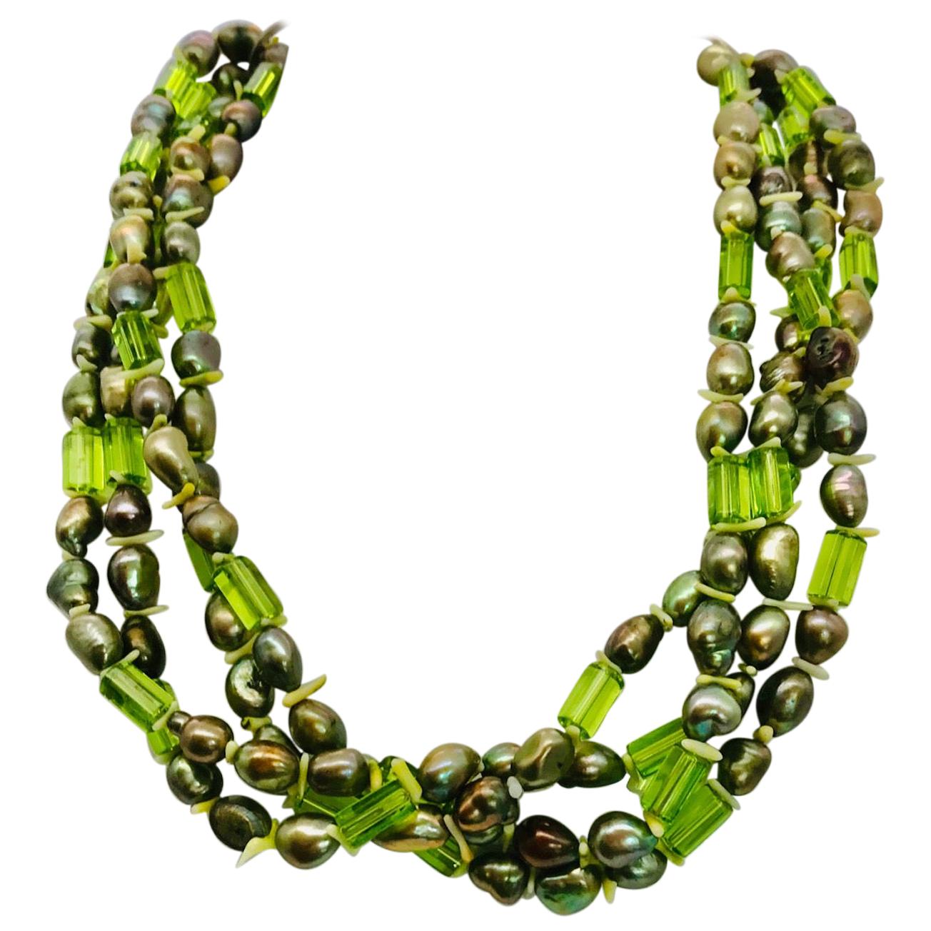 Natural green Pearls and  Peridot Stones with Silver clasp, by Sylvia Gottwald For Sale