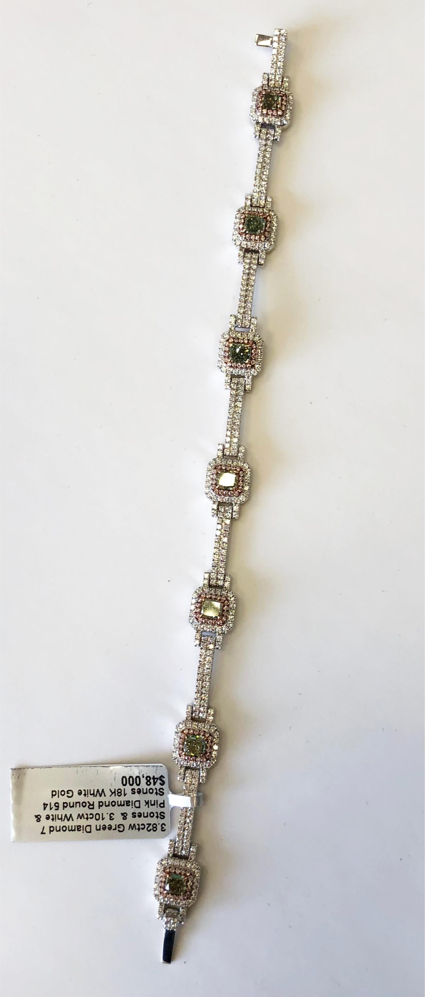 Natural Green, Pink, and White Diamond Round Bracelet in 18 Karat White Gold In New Condition In Los Angeles, CA
