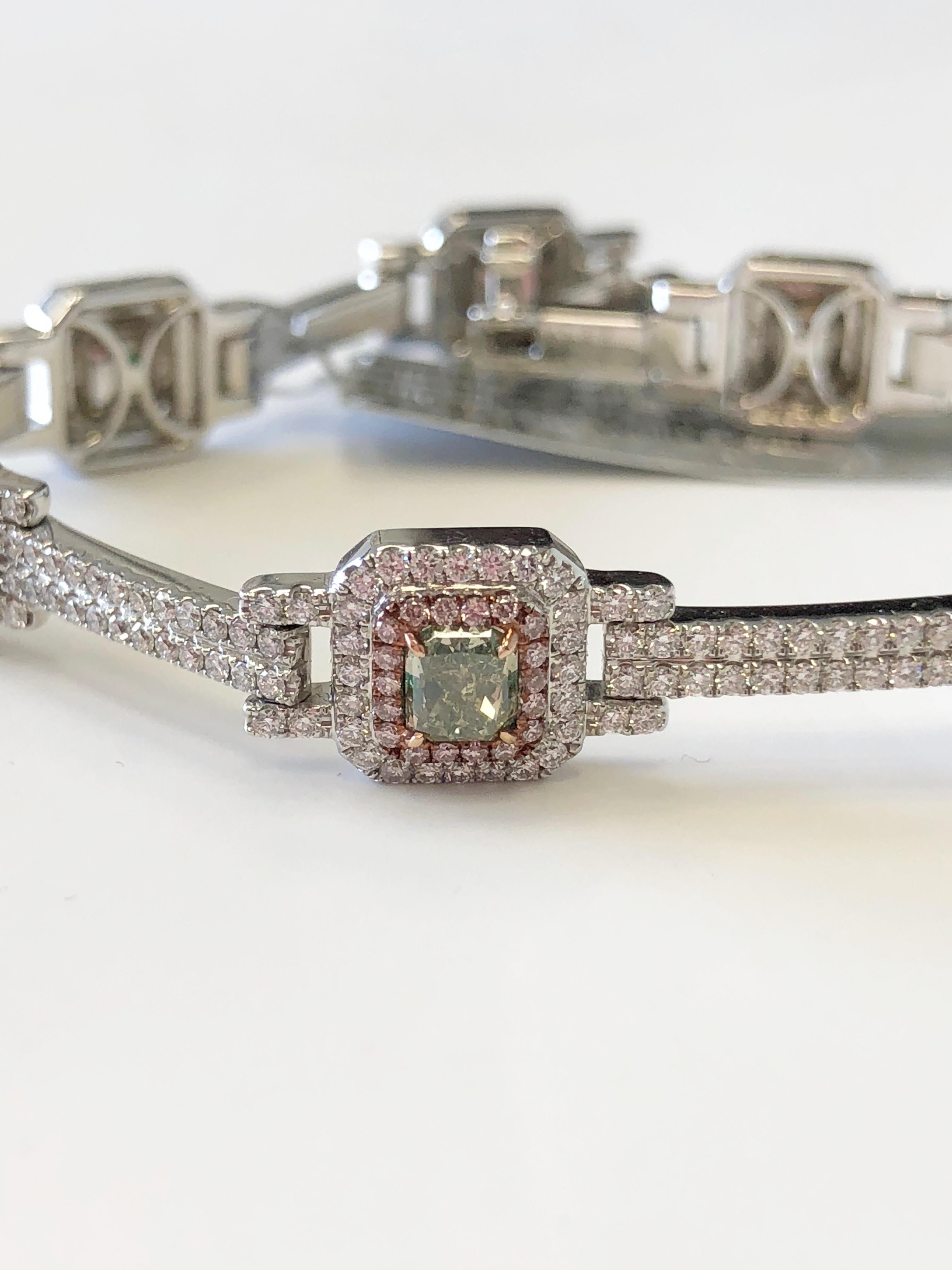 Natural Green, Pink, and White Diamond Round Bracelet in 18 Karat White Gold 1