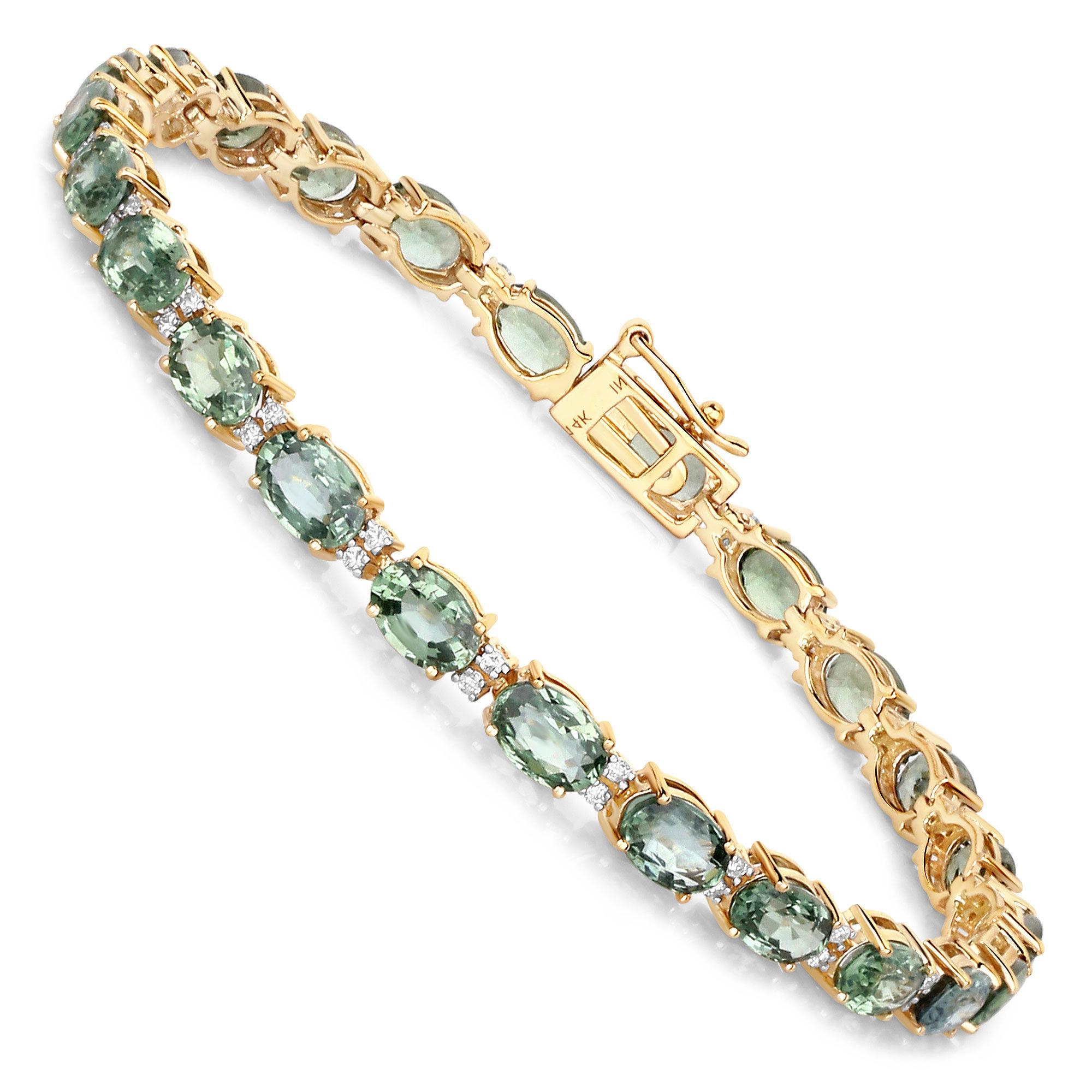 Natural Green Sapphire and Diamond Tennis Bracelet 12.80 Carats 14k Yellow Gold For Sale 1