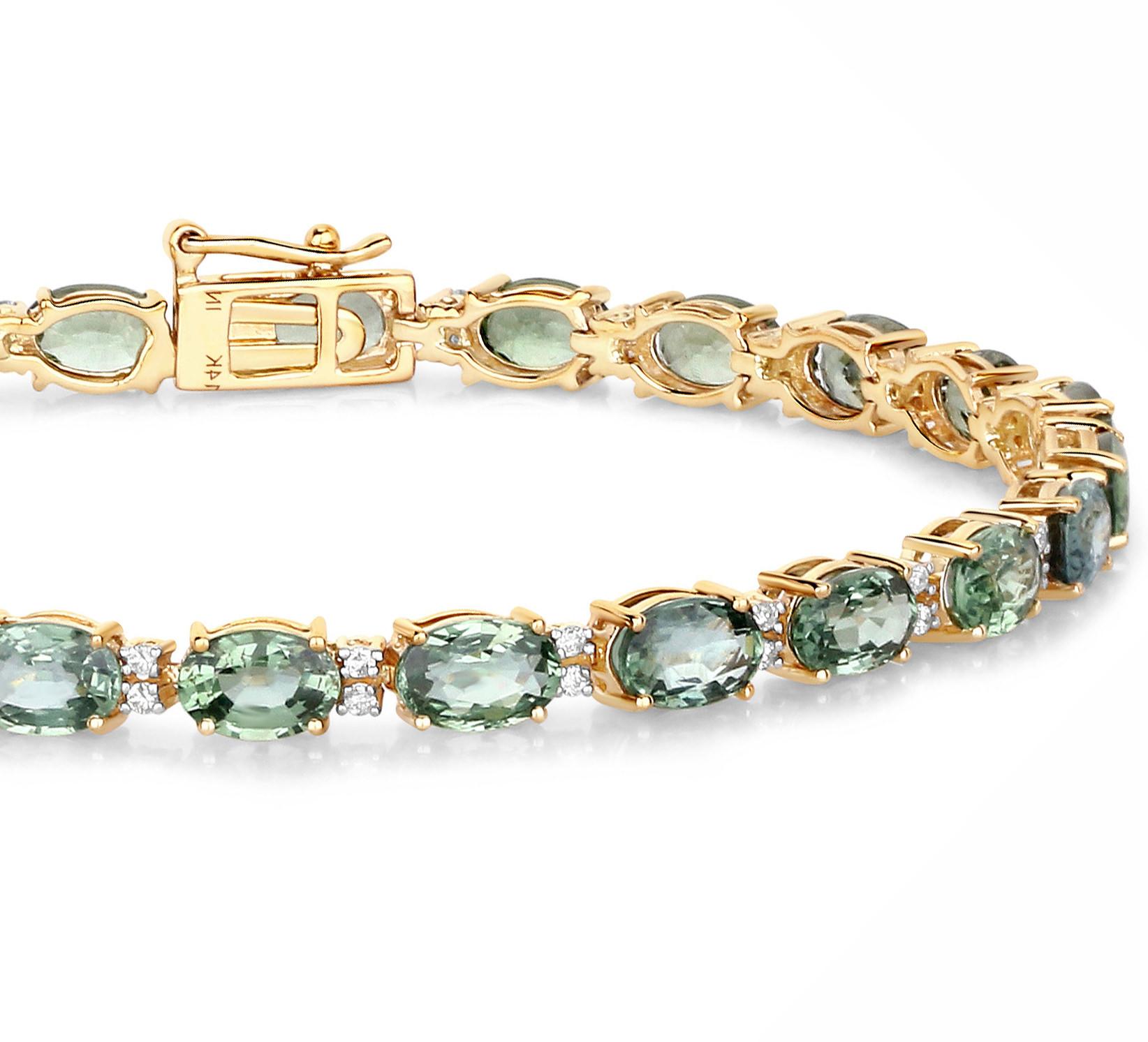 Oval Cut Natural Green Sapphire and Diamond Tennis Bracelet 12.80 Carats 14k Yellow Gold For Sale