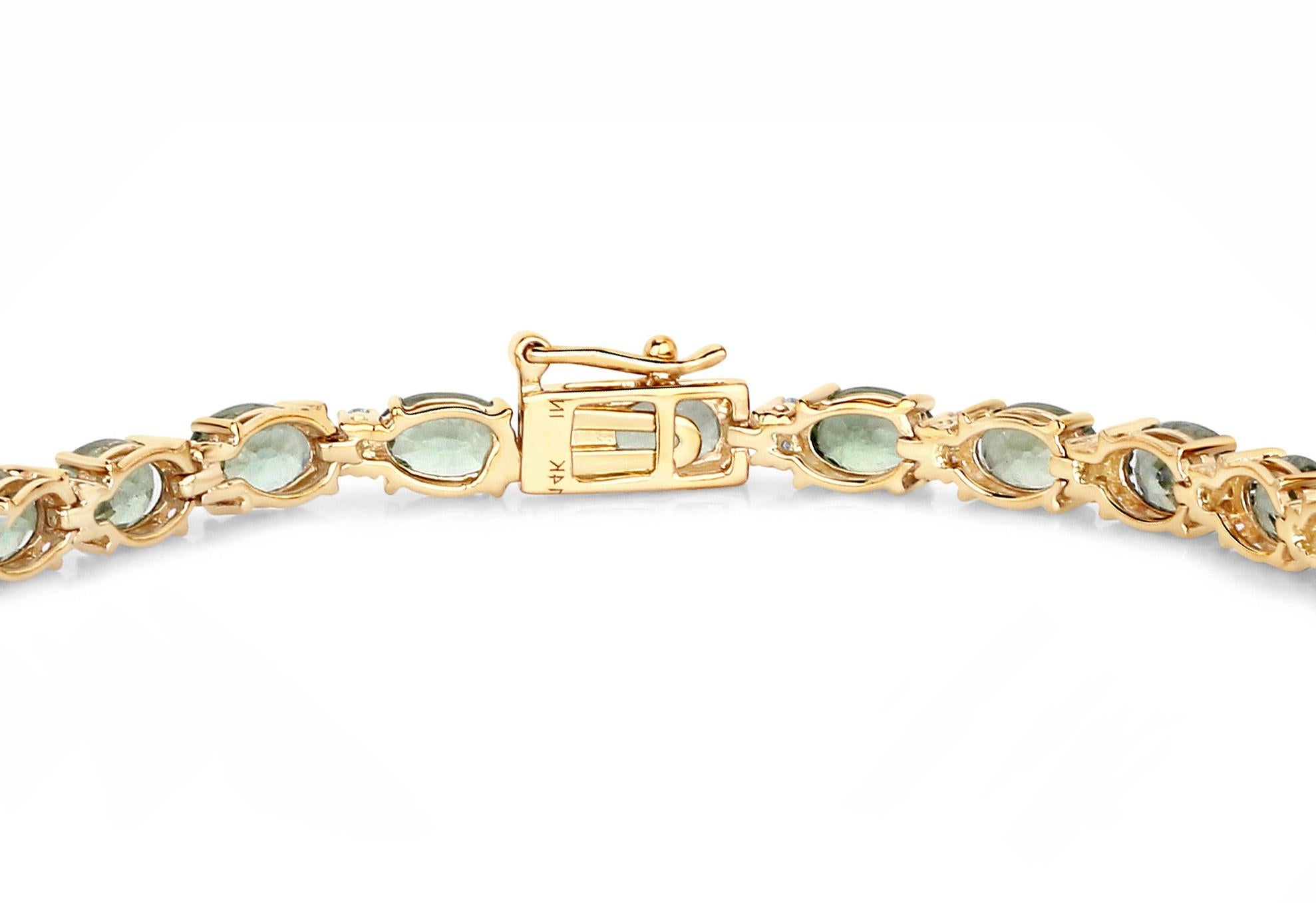 Natural Green Sapphire and Diamond Tennis Bracelet 12.80 Carats 14k Yellow Gold In Excellent Condition For Sale In Laguna Niguel, CA
