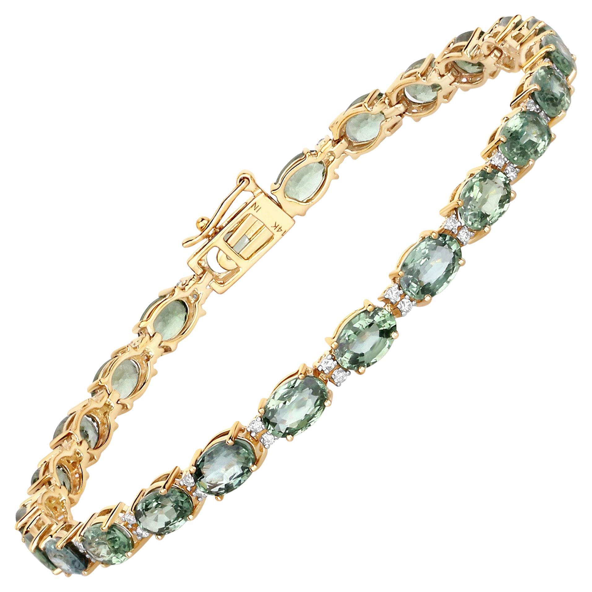 Taille ovale Bracelet tennis en or jaune 14 carats avec saphir vert naturel et diamants de 12,80 carats en vente