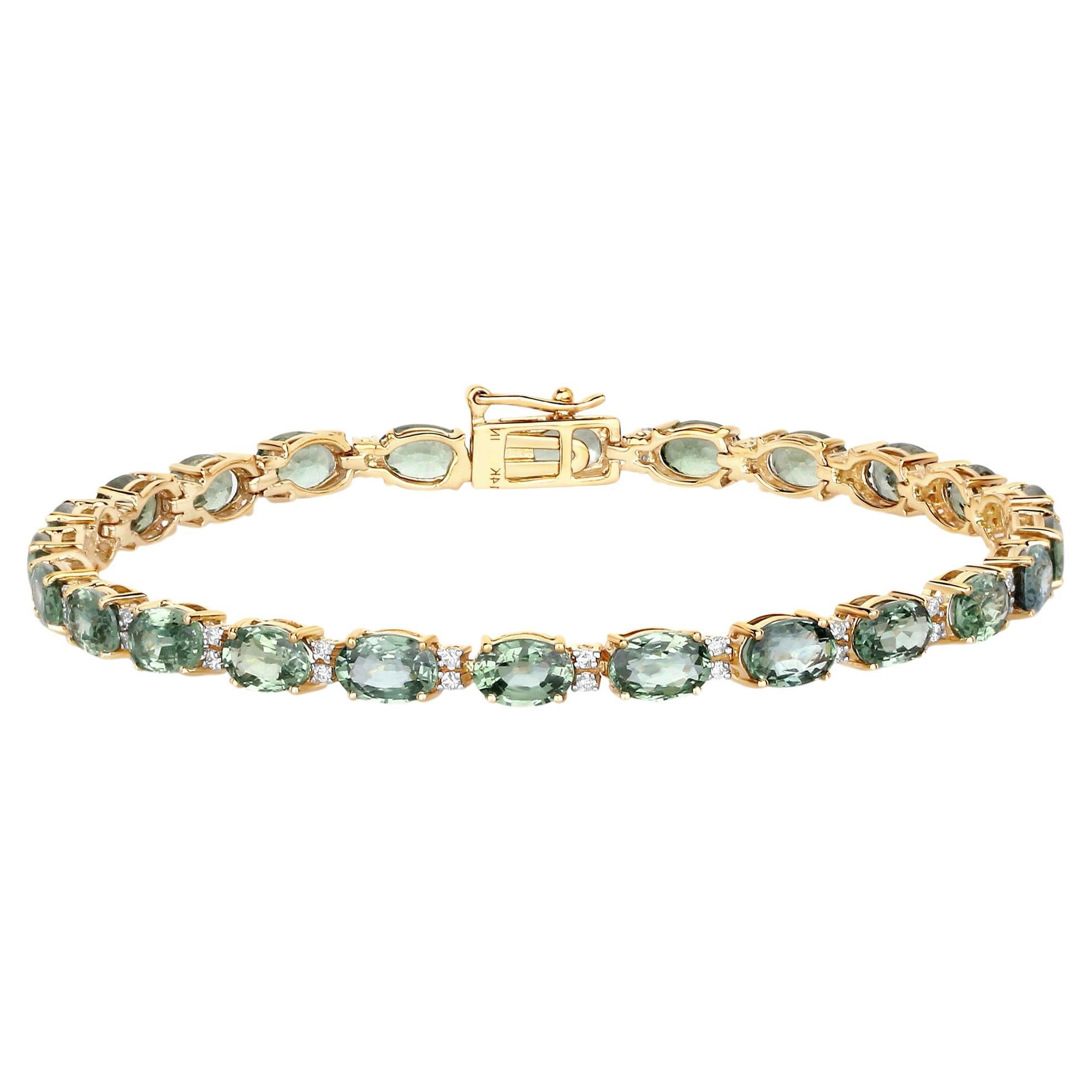 Natural Green Sapphire and Diamond Tennis Bracelet 12.80 Carats 14k Yellow Gold For Sale
