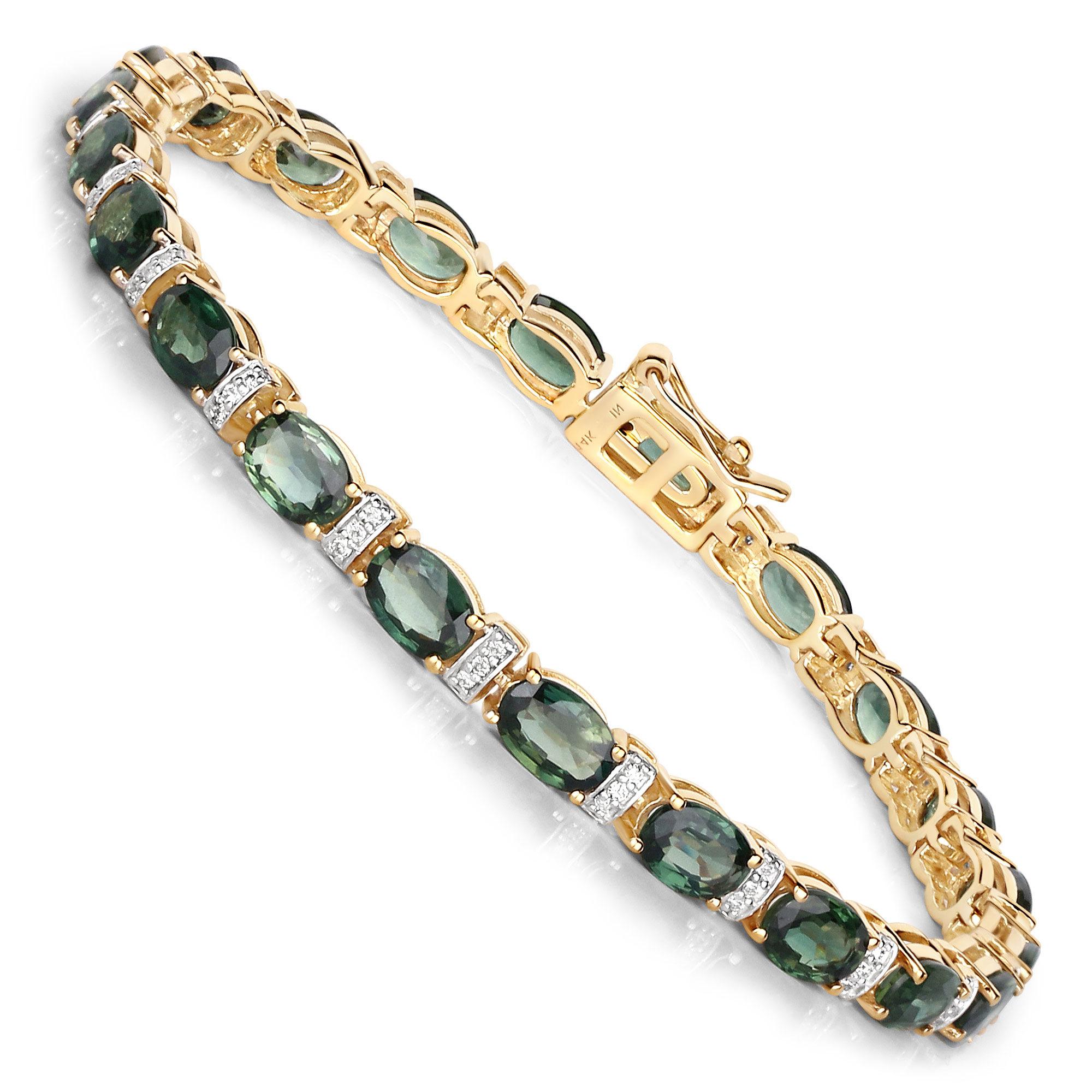 Natural Green Sapphire and Diamond Tennis Bracelet 13 Carats 14k Yellow Gold 1