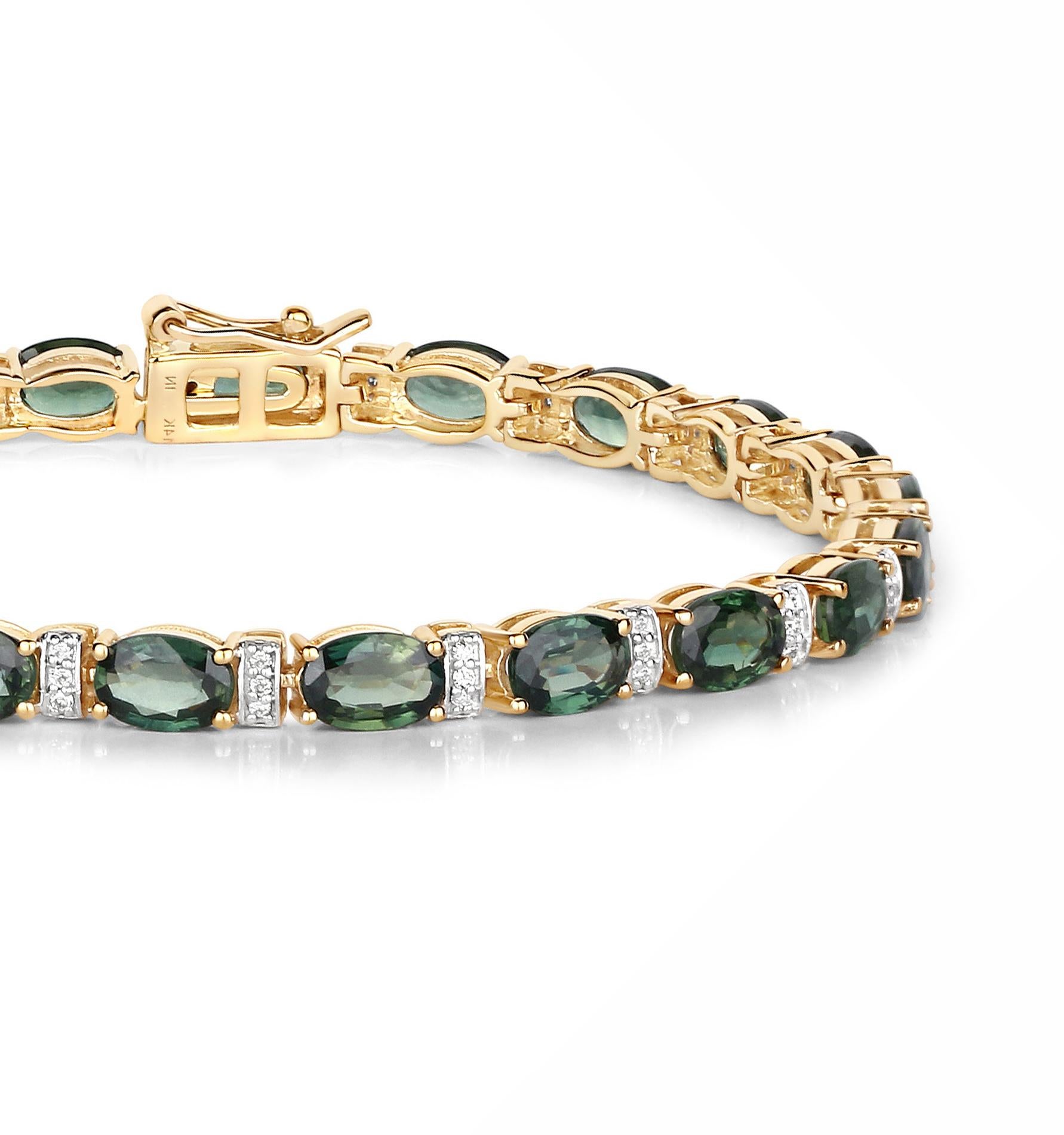 Natural Green Sapphire and Diamond Tennis Bracelet 13 Carats 14k Yellow Gold In Excellent Condition In Laguna Niguel, CA
