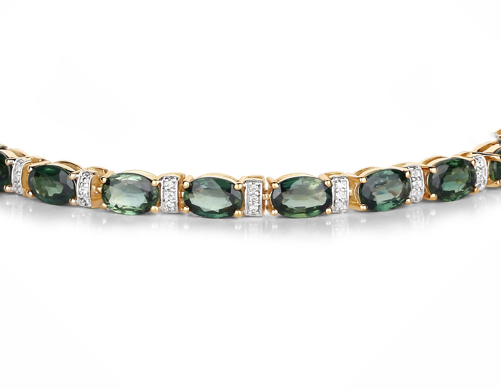 Oval Cut Natural Green Sapphire and Diamond Tennis Bracelet 13 Carats 14k Yellow Gold