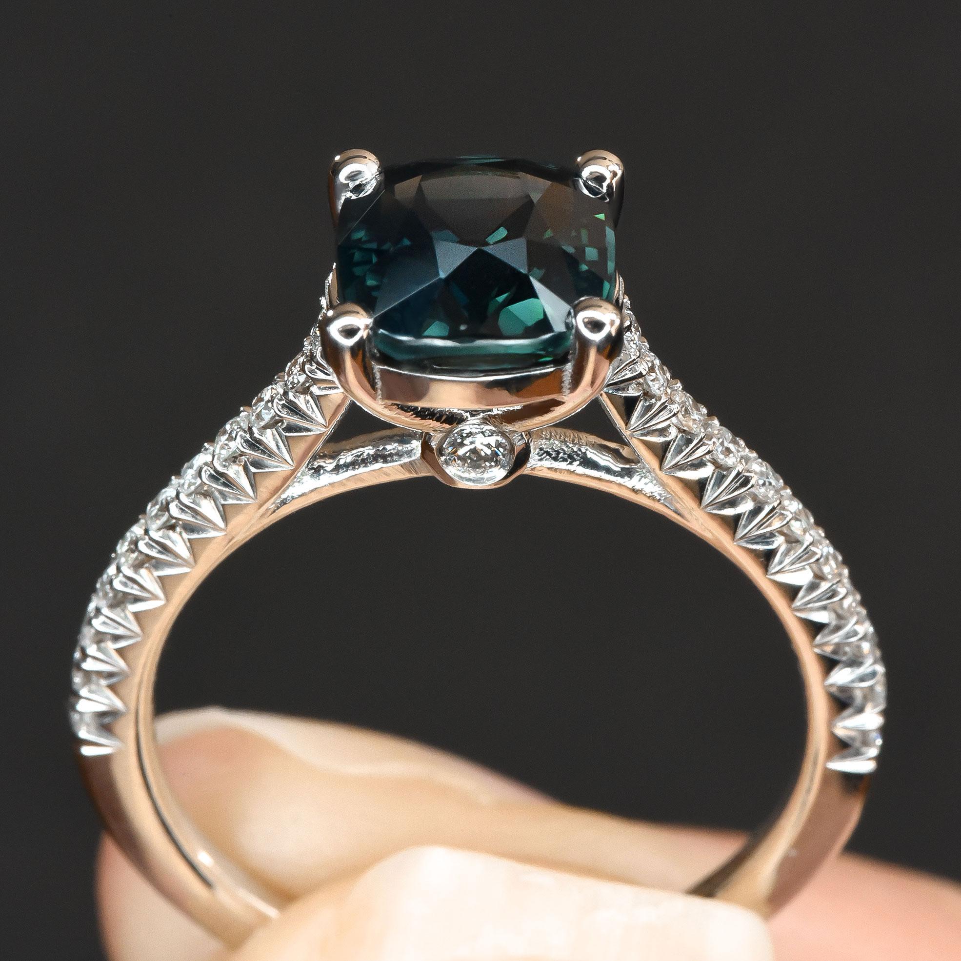 Natural Green Sapphire Stone 2.31 cts in 14KWG Ring with Diamonds / GIA Report For Sale 2