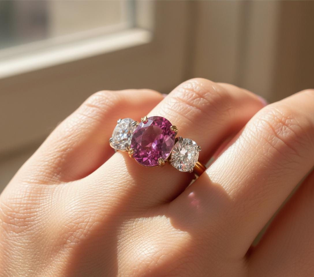 da uomo o donna Anello con tre pietre di Ceylon da verde a rosa 4,55 alessandrite naturale e senza calore in vendita