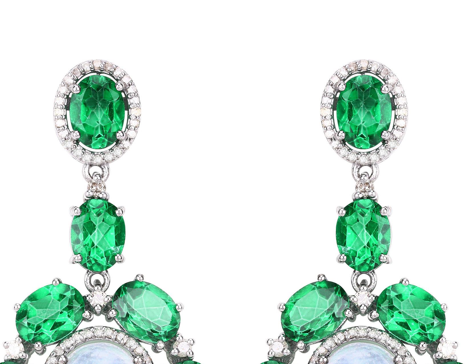 Mixed Cut Natural Green Topaz Rainbow Moonstone and Diamond Dangle Earrings 34 Carats For Sale