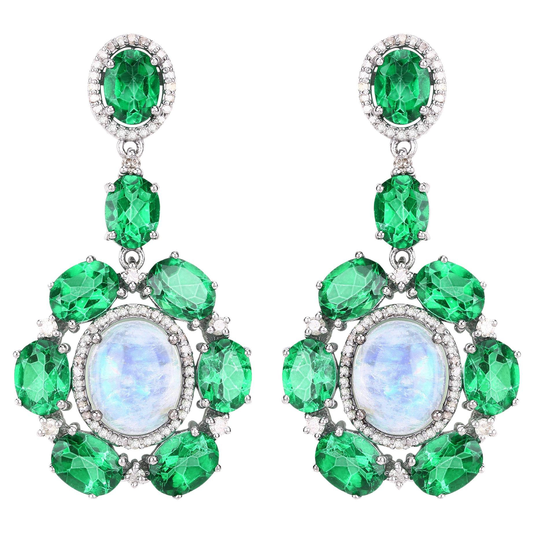 Natural Green Topaz Rainbow Moonstone and Diamond Dangle Earrings 34 Carats