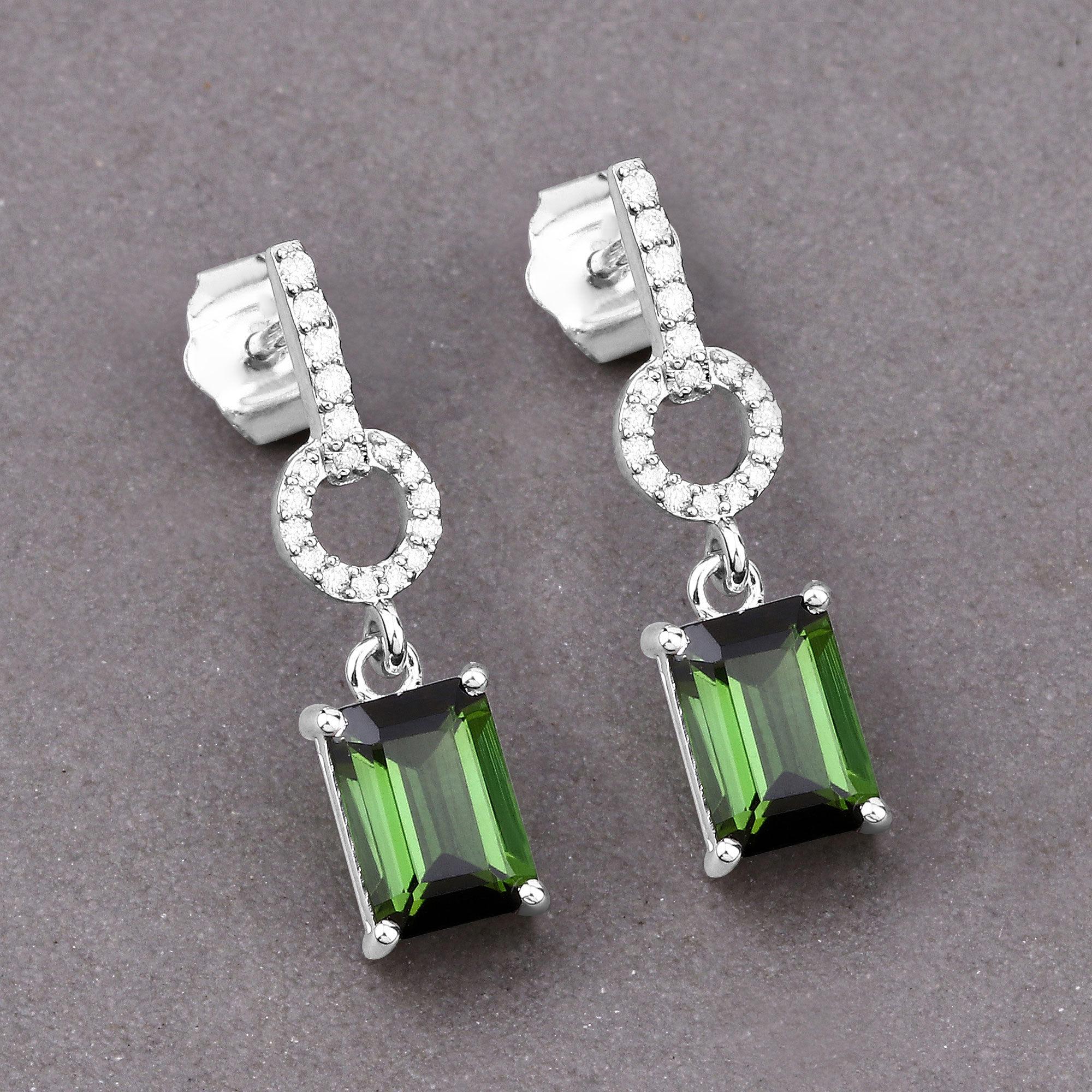 Emerald Cut Natural Green Tourmaline and Diamond Dangle Earrings 2.30 Carats 14k White Gold For Sale