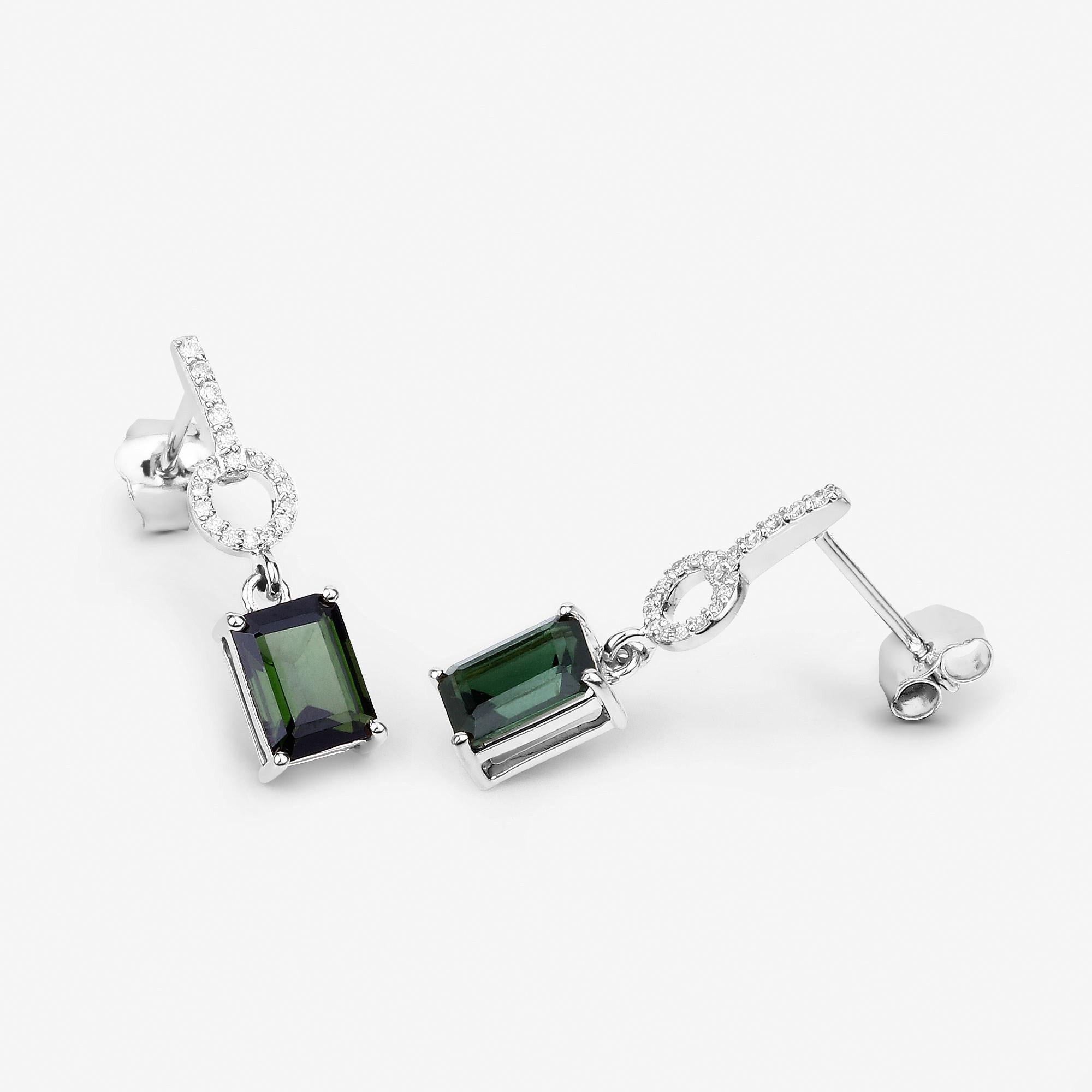 Women's Natural Green Tourmaline and Diamond Dangle Earrings 2.30 Carats 14k White Gold For Sale