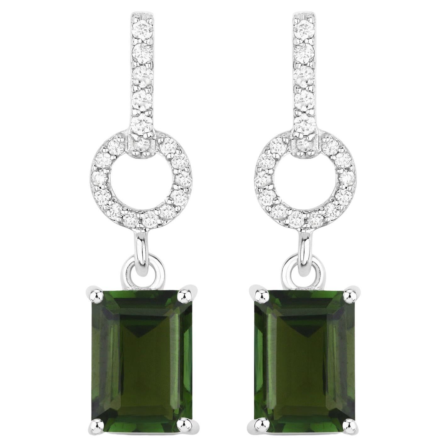 Natural Green Tourmaline and Diamond Dangle Earrings 2.30 Carats 14k White Gold