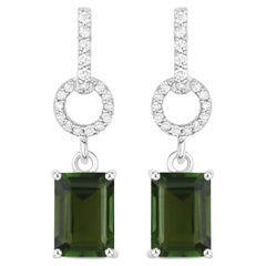 Natural Green Tourmaline and Diamond Dangle Earrings 2.30 Carats 14k White Gold