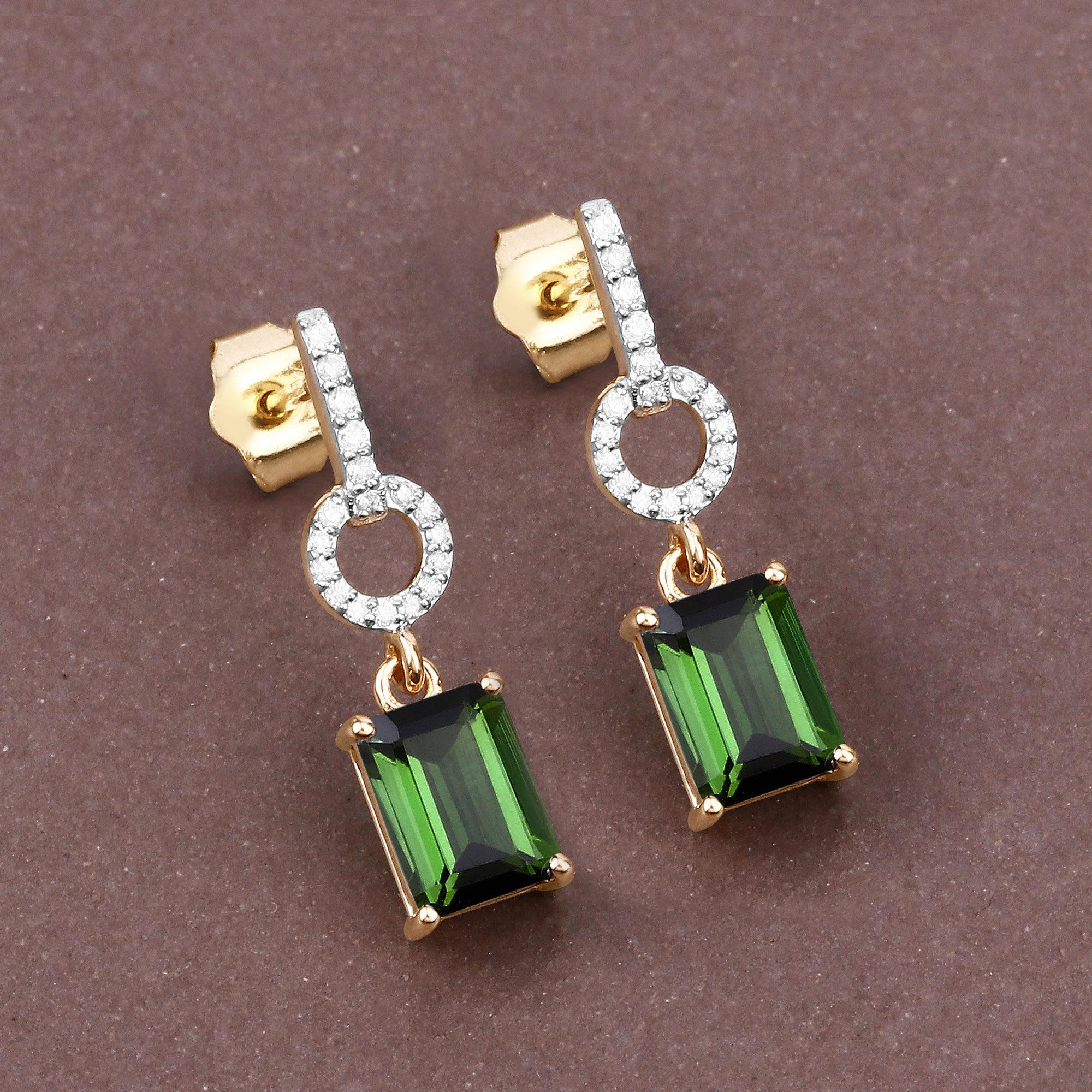 Emerald Cut Natural Green Tourmaline and Diamond Dangle Earrings 2.30 Carats 14k Yellow Gold