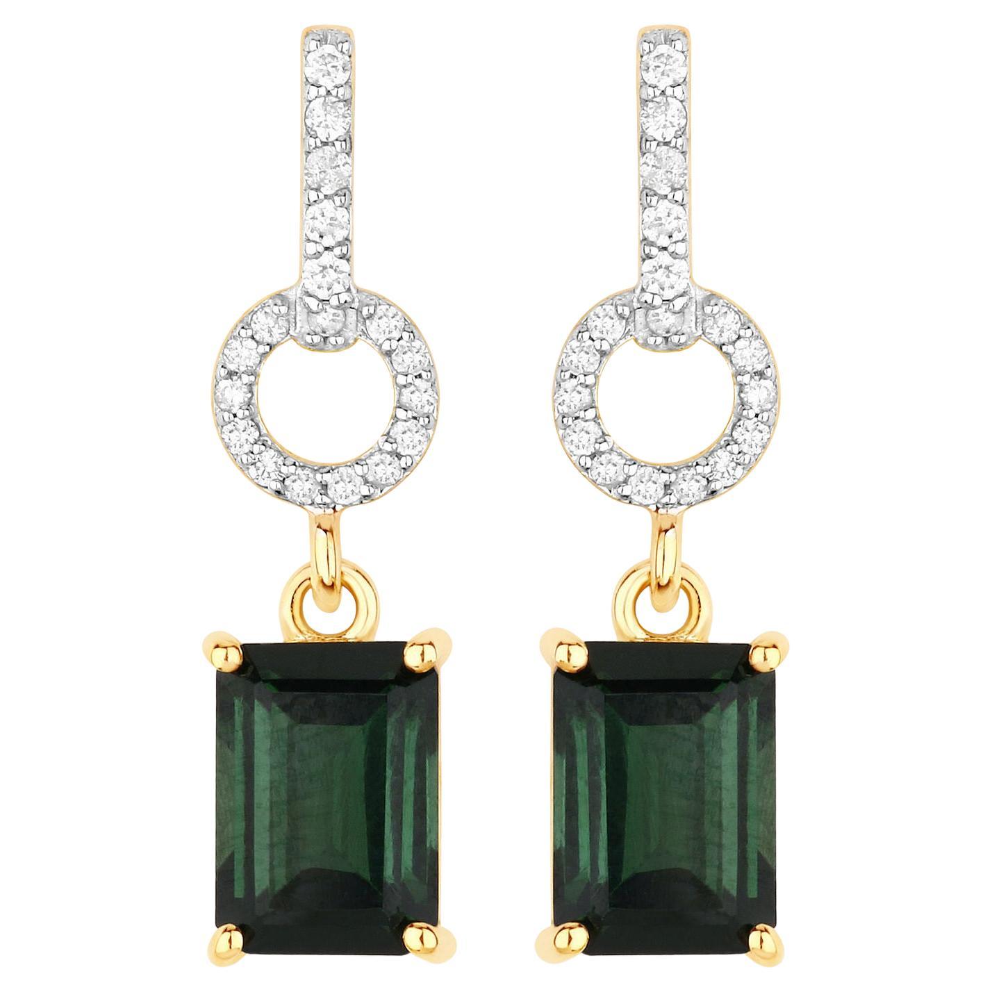 Natural Green Tourmaline and Diamond Dangle Earrings 2.30 Carats 14k Yellow Gold