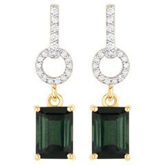 Natural Green Tourmaline and Diamond Dangle Earrings 2.30 Carats 14k Yellow Gold